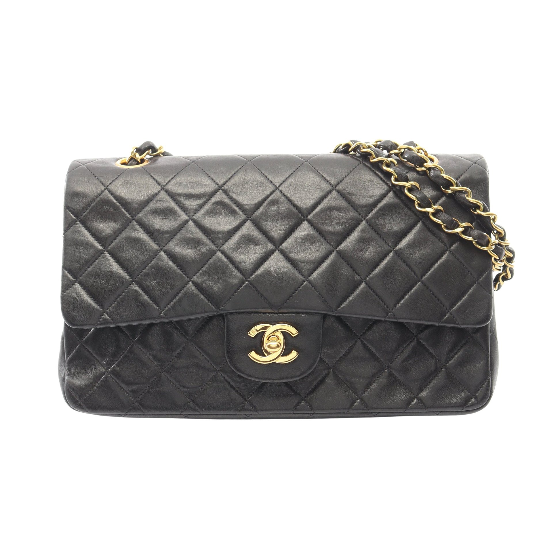 マトラッセ Wフラップ Wチェーンショルダーバッグ ラムスキン ブラック ゴールド金具 シャネル バッグ CHANEL