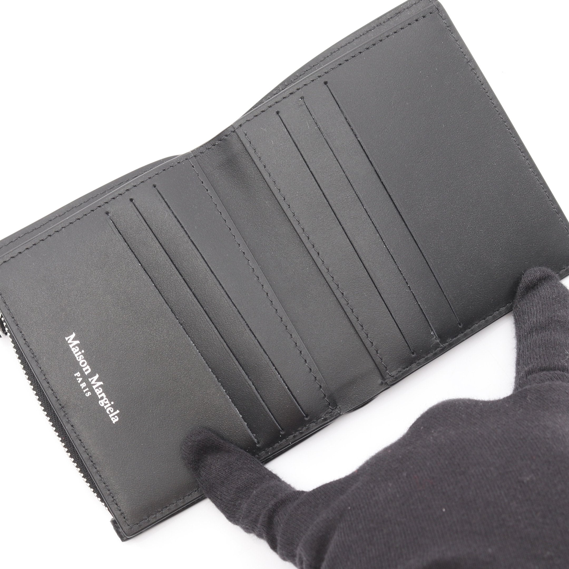 4ステッチ フリップフラップ ウォレット 二つ折り財布 レザー ブラック