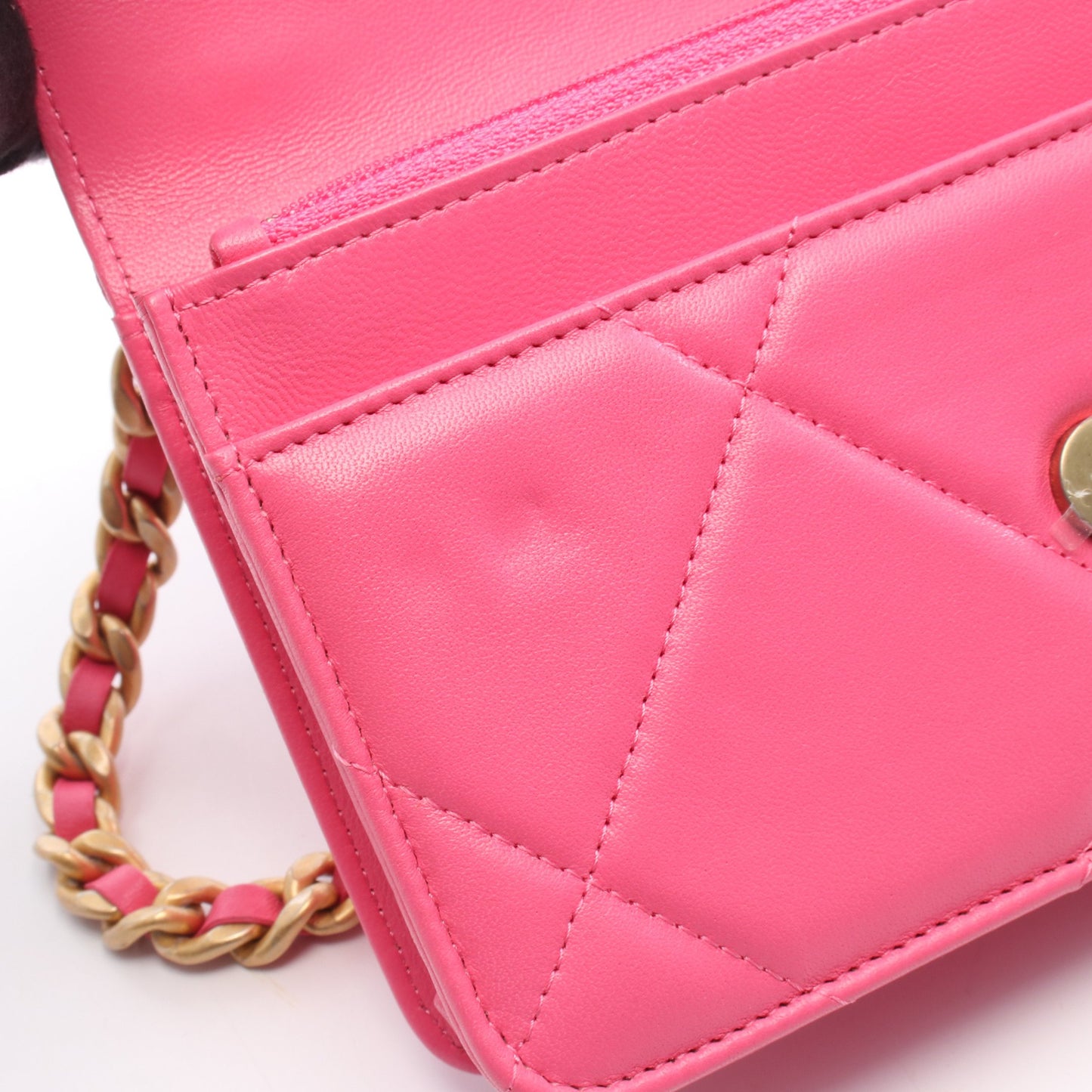 19 ディズヌフ チェーンウォレット チェーンショルダーバッグ レザー ピンク コンビ金具 シャネル バッグ CHANEL