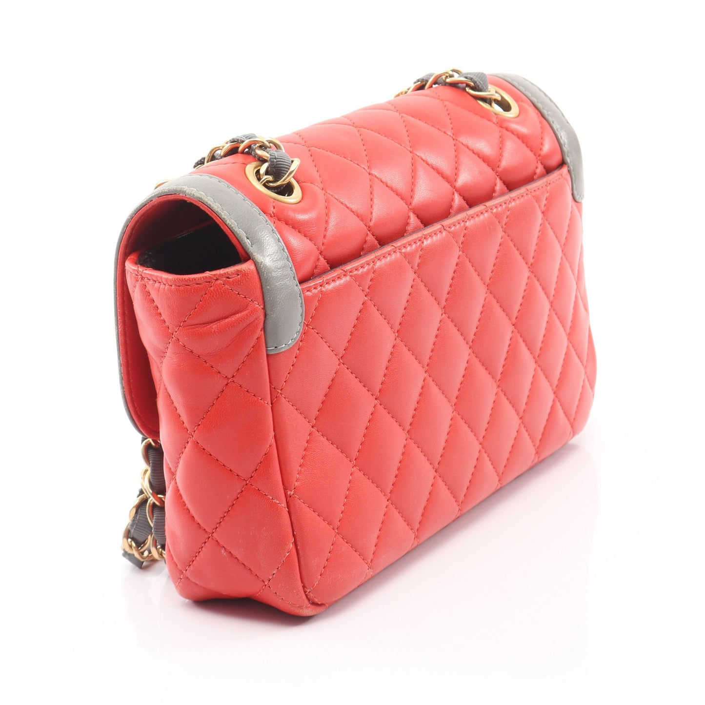 マトラッセ Wチェーンショルダーバッグ ラムスキン レッド グレー ゴールド金具 バイカラー シャネル バッグ CHANEL