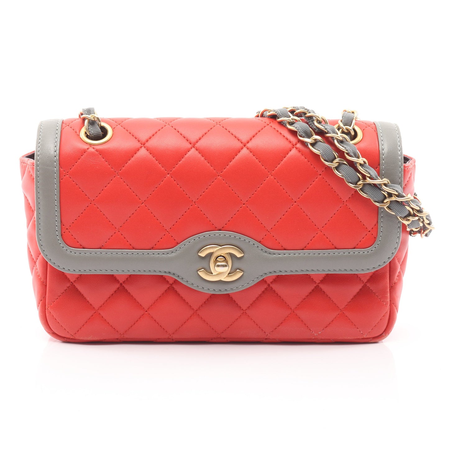 マトラッセ Wチェーンショルダーバッグ ラムスキン レッド グレー ゴールド金具 バイカラー シャネル バッグ CHANEL