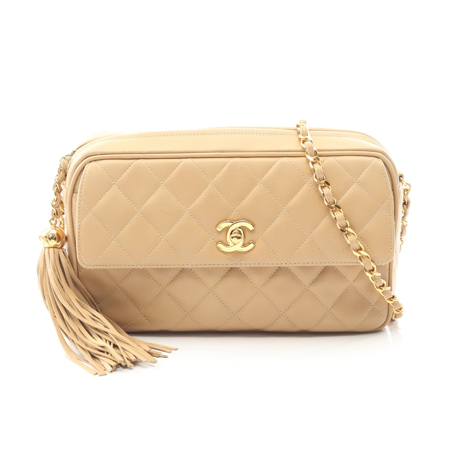 マトラッセ チェーンショルダーバッグ ラムスキン ベージュ ゴールド金具 タッセル シャネル バッグ CHANEL