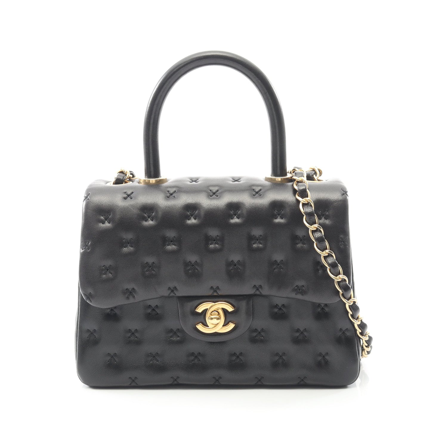 クロスステッチ トップハンドル チェーンショルダーバッグ ラムスキン ブラック ゴールド金具 2WAY シャネル バッグ CHANEL