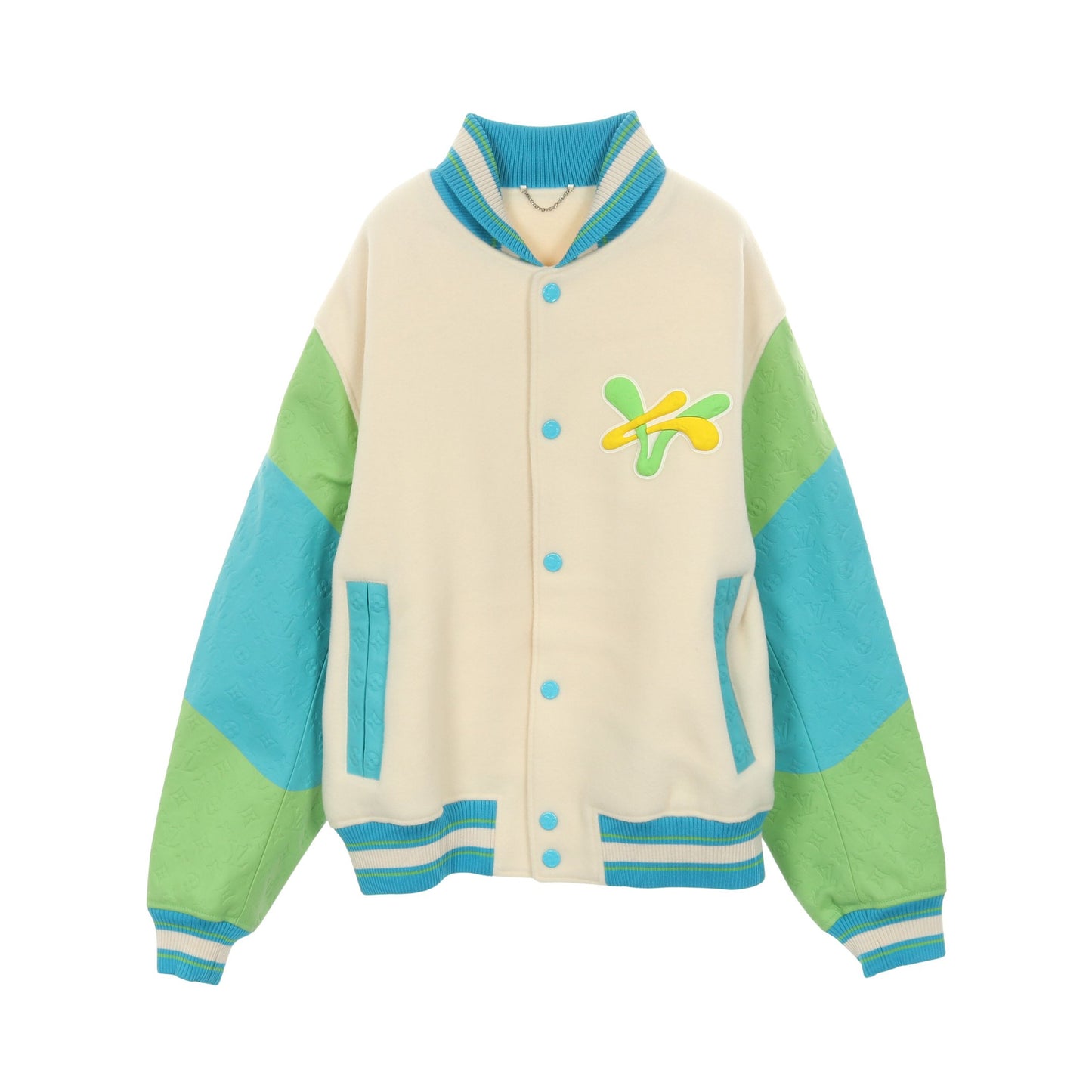 レインボープレイグラウンドバーシティブルゾン スタジャン ジャケット ウール レザー オフホワイト ブルー マルチカラー ルイヴィトン アウター LOUIS VUITTON