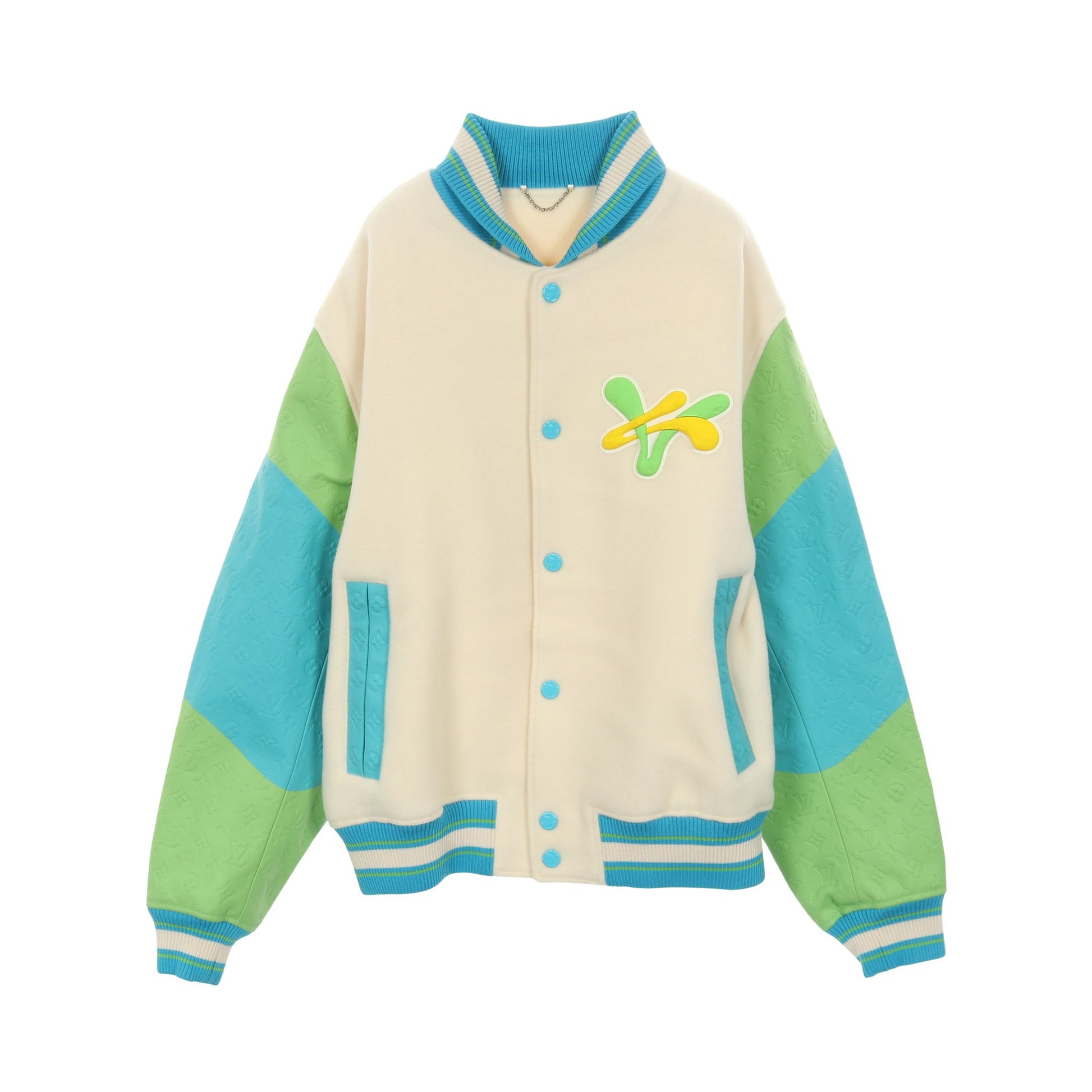 レインボープレイグラウンドバーシティブルゾン スタジャン ジャケット ウール レザー オフホワイト ブルー マルチカラー ルイヴィトン アウター LOUIS VUITTON