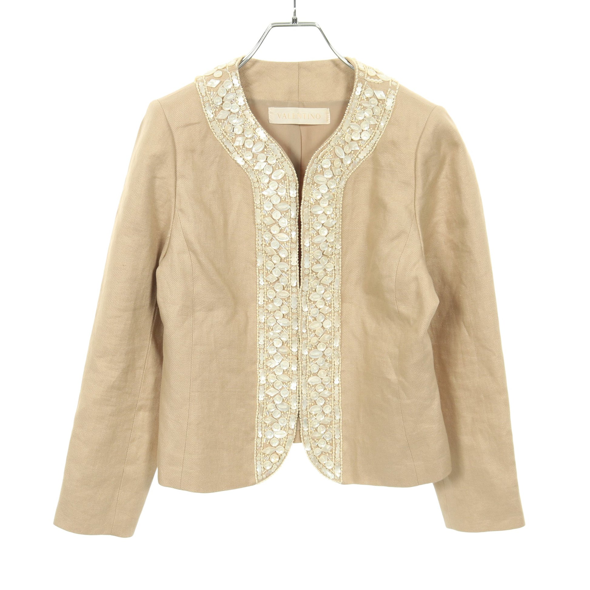 ノーカラージャケット リネン ベージュ ビジュー ヴァレンティノ アウター VALENTINO