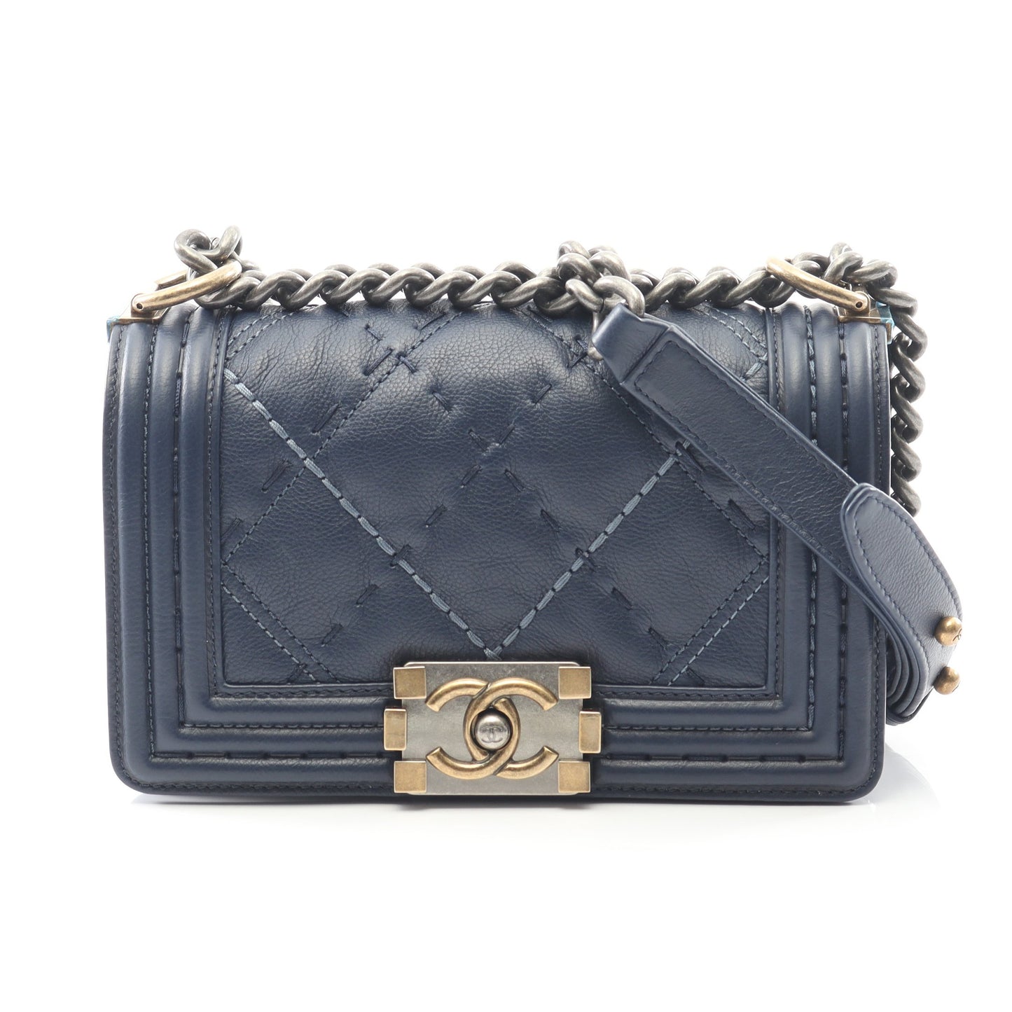 ボーイシャネル スモール ワイルドステッチ チェーンショルダーバッグ レザー ネイビー コンビ金具 シャネル バッグ CHANEL