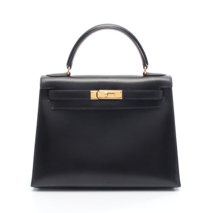 ケリー28 ハンドバッグ ボックスカーフ ブラック ゴールド金具 外縫い 2WAY ○A刻印 エルメス バッグ HERMES