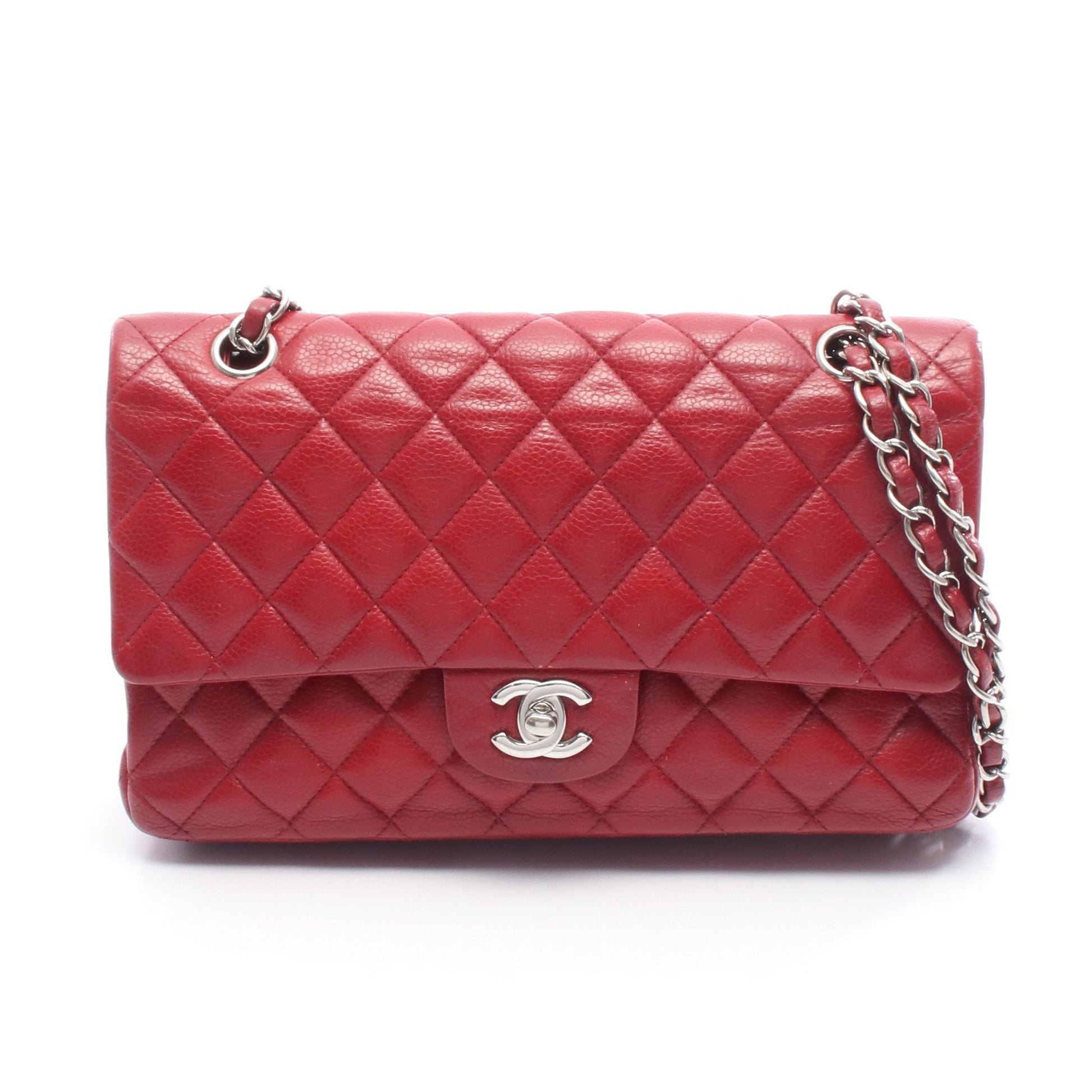 マトラッセ Wフラップ Wチェーンショルダーバッグ キャビアスキン レッド シルバー金具 シャネル バッグ CHANEL