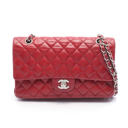 マトラッセ Wフラップ Wチェーンショルダーバッグ キャビアスキン レッド シルバー金具 シャネル バッグ CHANEL