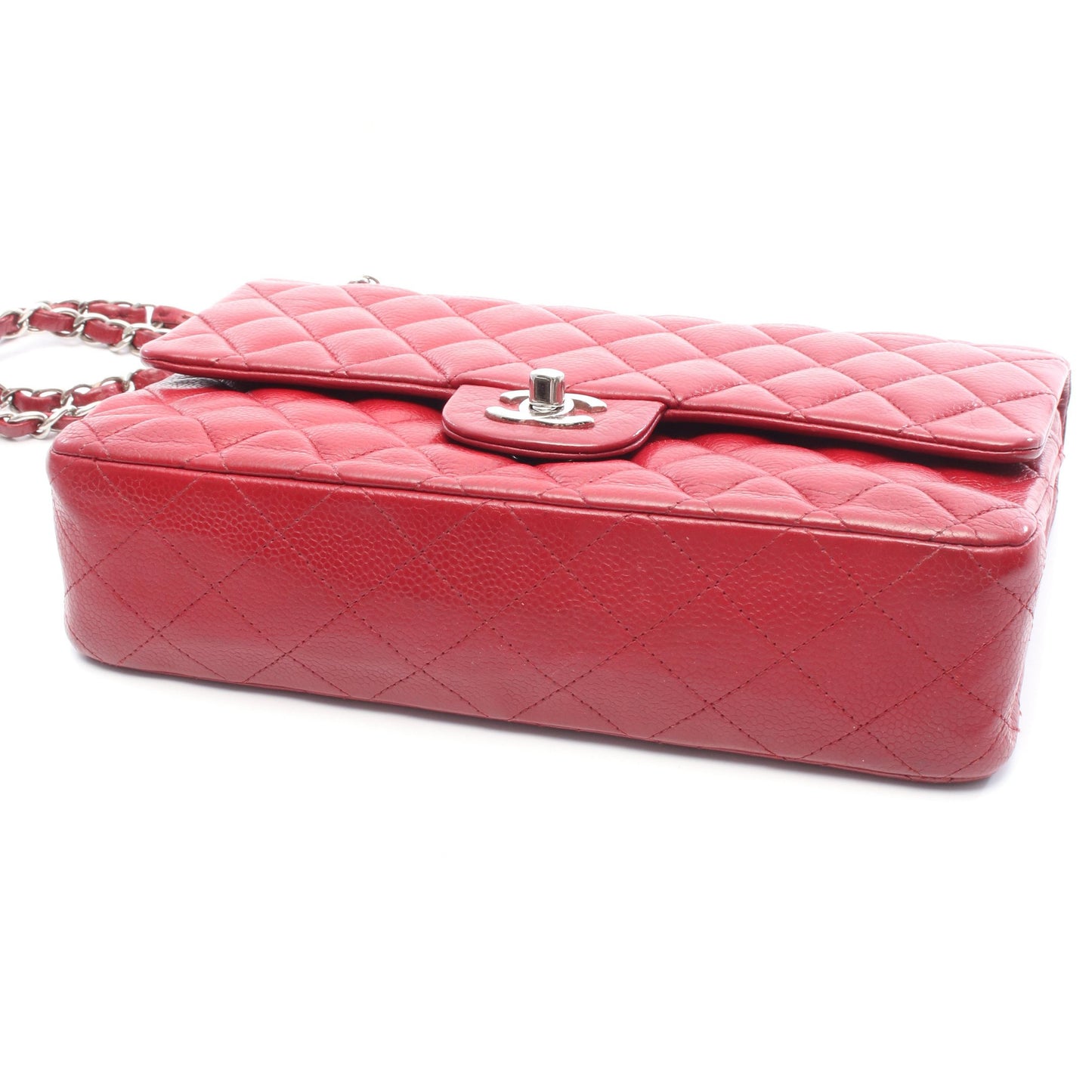 マトラッセ Wフラップ Wチェーンショルダーバッグ キャビアスキン レッド シルバー金具 シャネル バッグ CHANEL