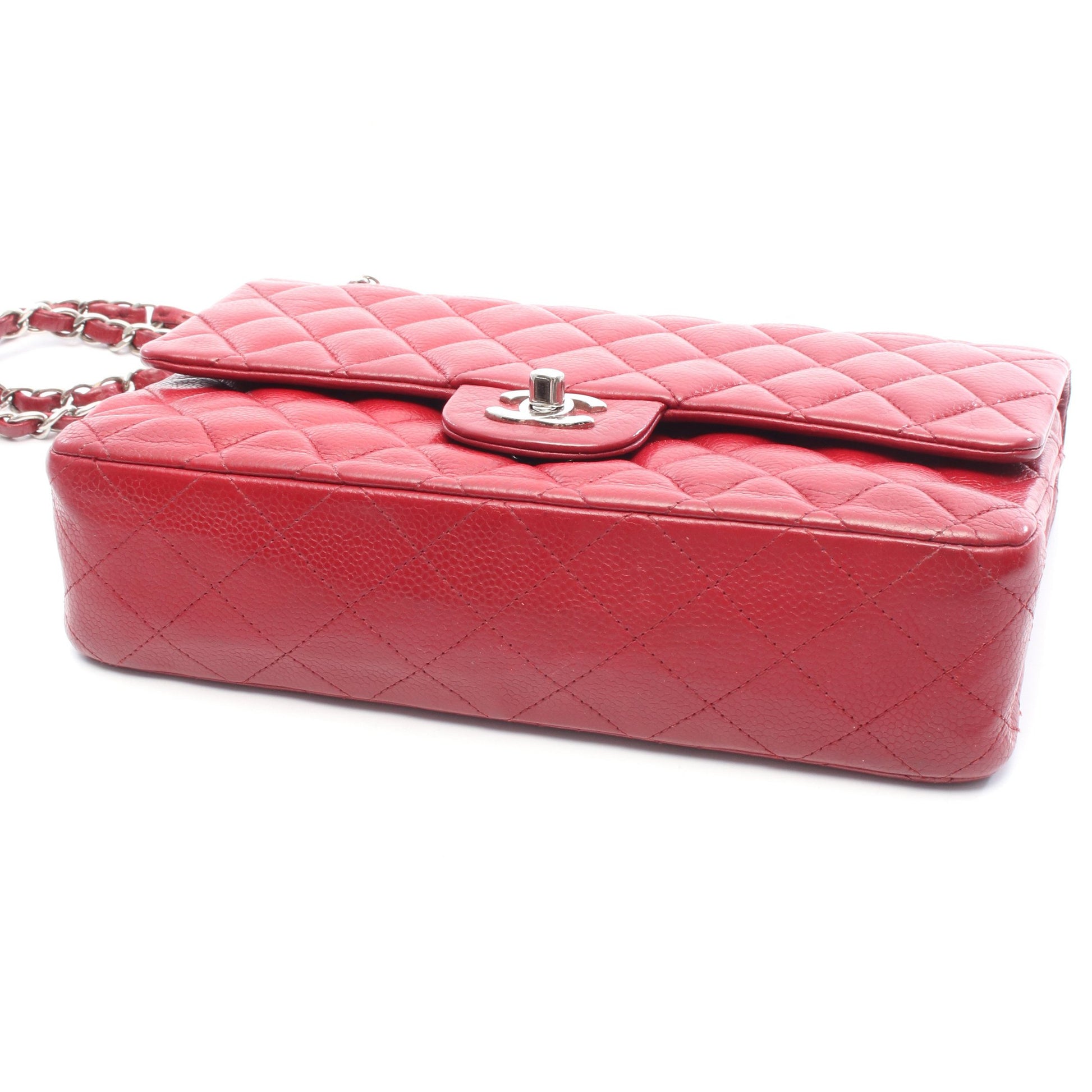 マトラッセ Wフラップ Wチェーンショルダーバッグ キャビアスキン レッド シルバー金具 シャネル バッグ CHANEL