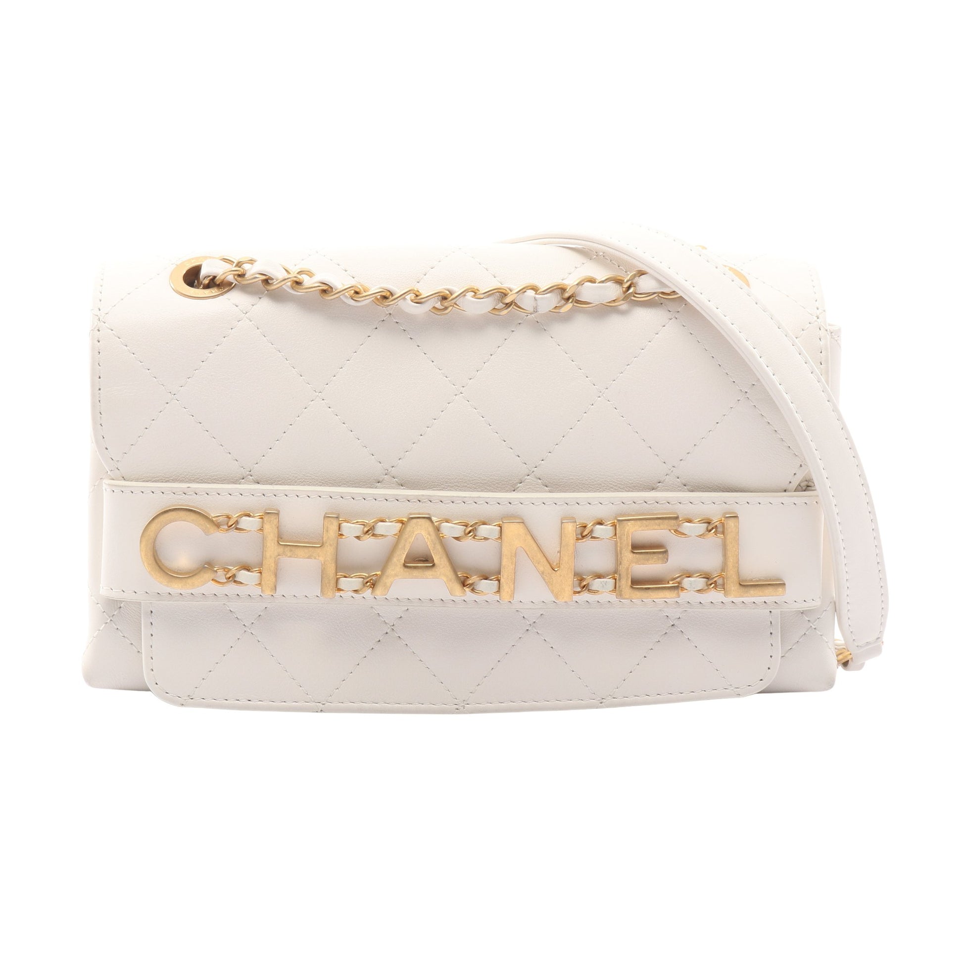 マトラッセ Wチェーンショルダーバッグ ロゴ金具 レザー オフホワイト ゴールド金具 シャネル バッグ CHANEL