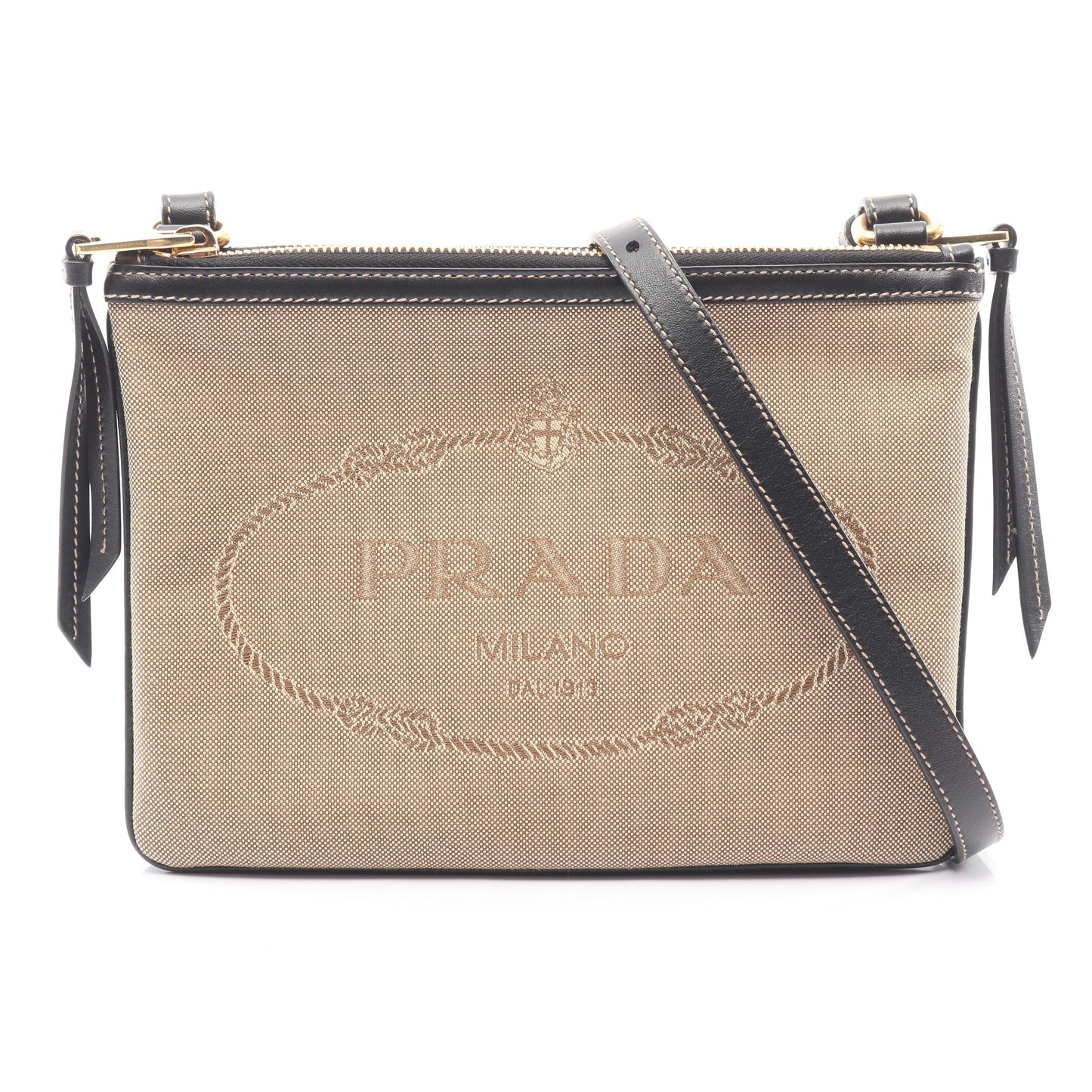 LOGO JACQUARD ショルダーバッグ キャンバス レザー ベージュ ブラック プラダ バッグ PRADA