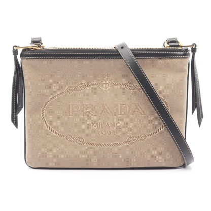 LOGO JACQUARD ショルダーバッグ キャンバス レザー ベージュ ブラック プラダ バッグ PRADA