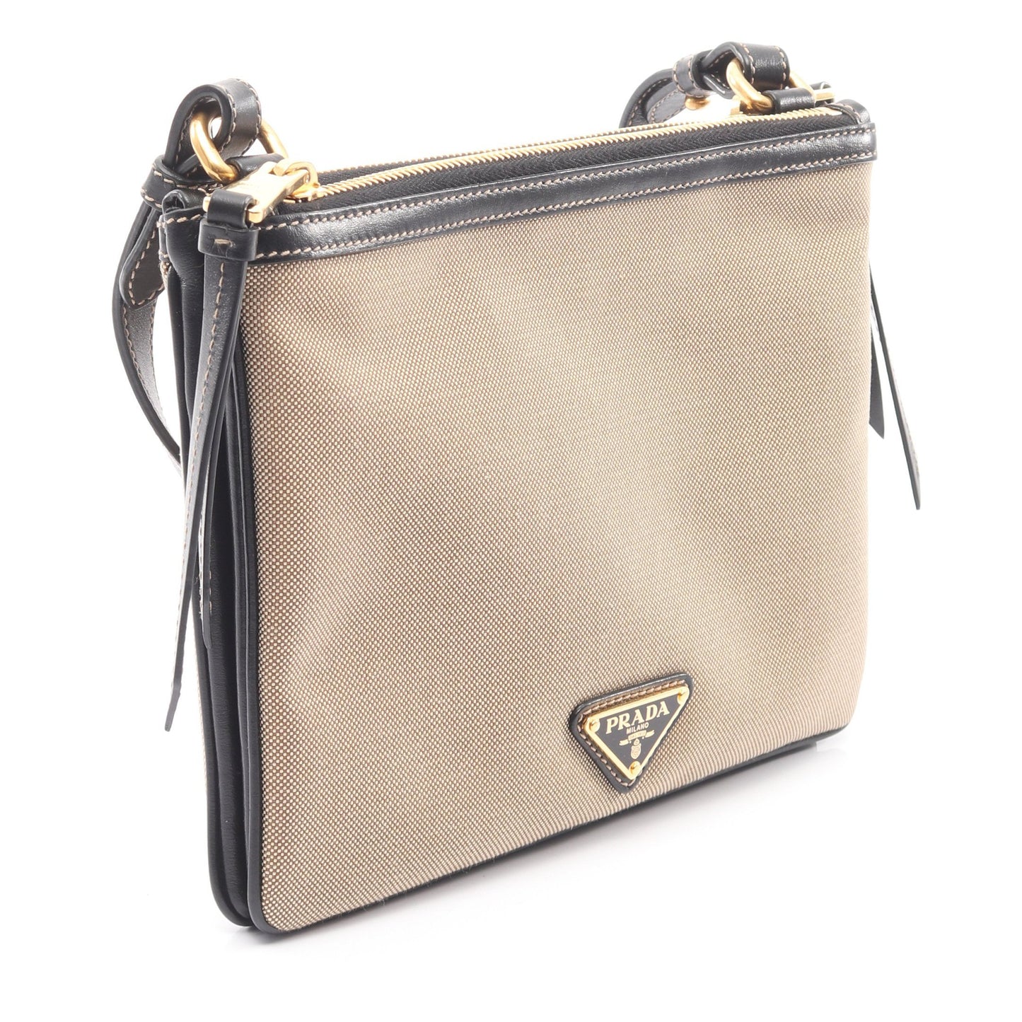 LOGO JACQUARD ショルダーバッグ キャンバス レザー ベージュ ブラック プラダ バッグ PRADA
