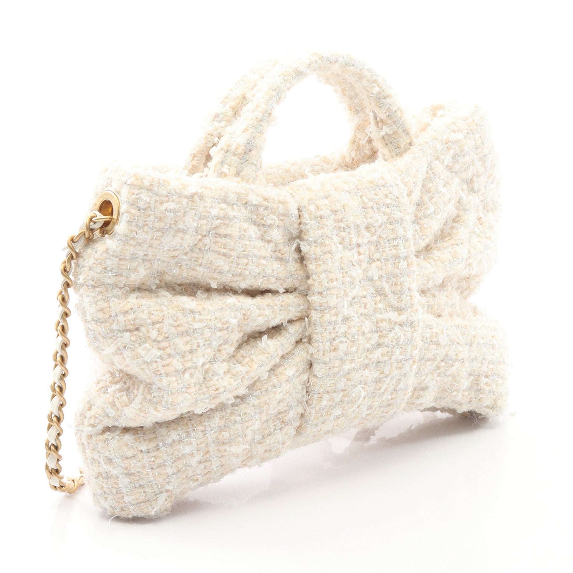 ミニ ボウ チェーンショルダーバッグ ツイード オフホワイト ゴールド金具 2WAY シャネル バッグ CHANEL
