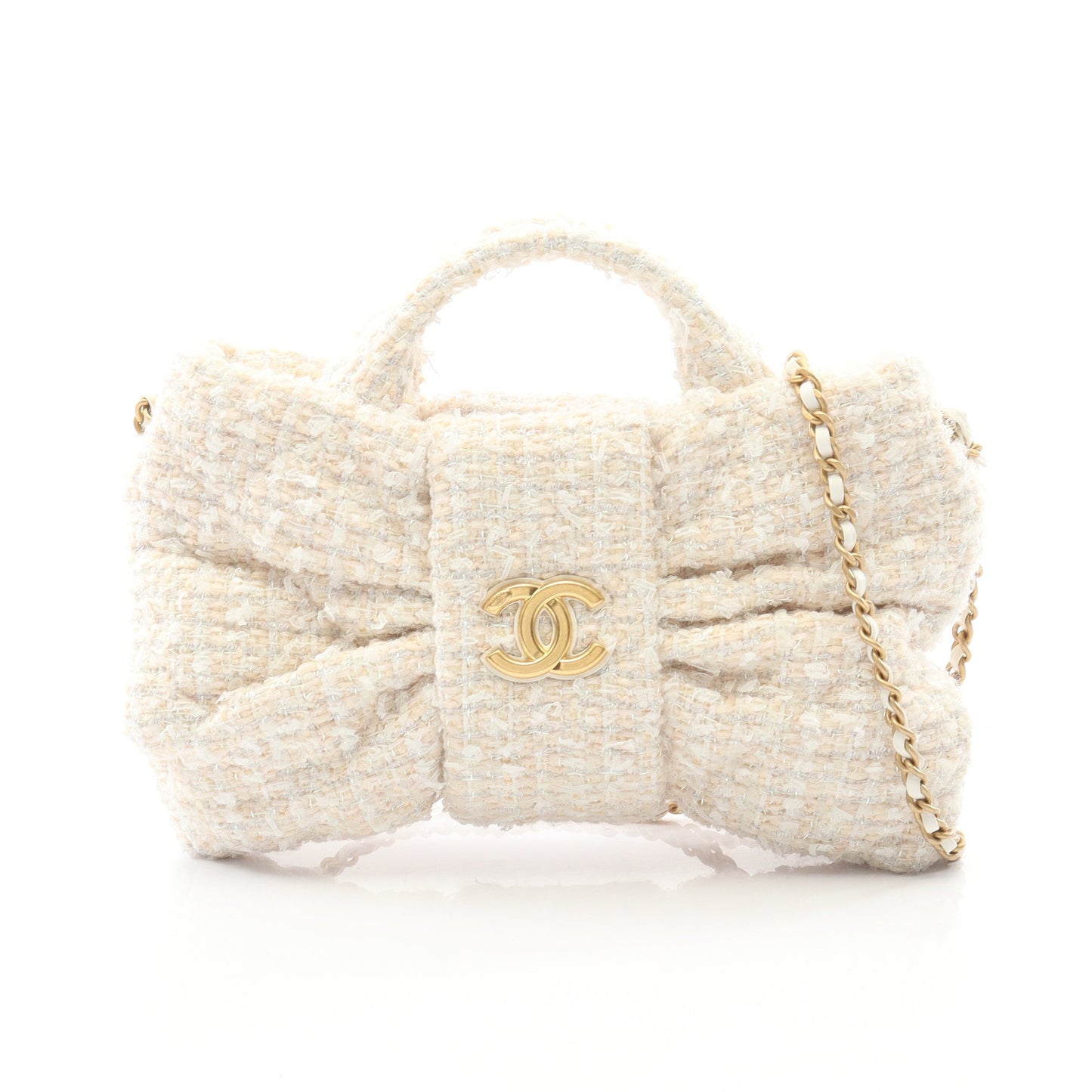 ミニ ボウ チェーンショルダーバッグ ツイード オフホワイト ゴールド金具 2WAY シャネル バッグ CHANEL