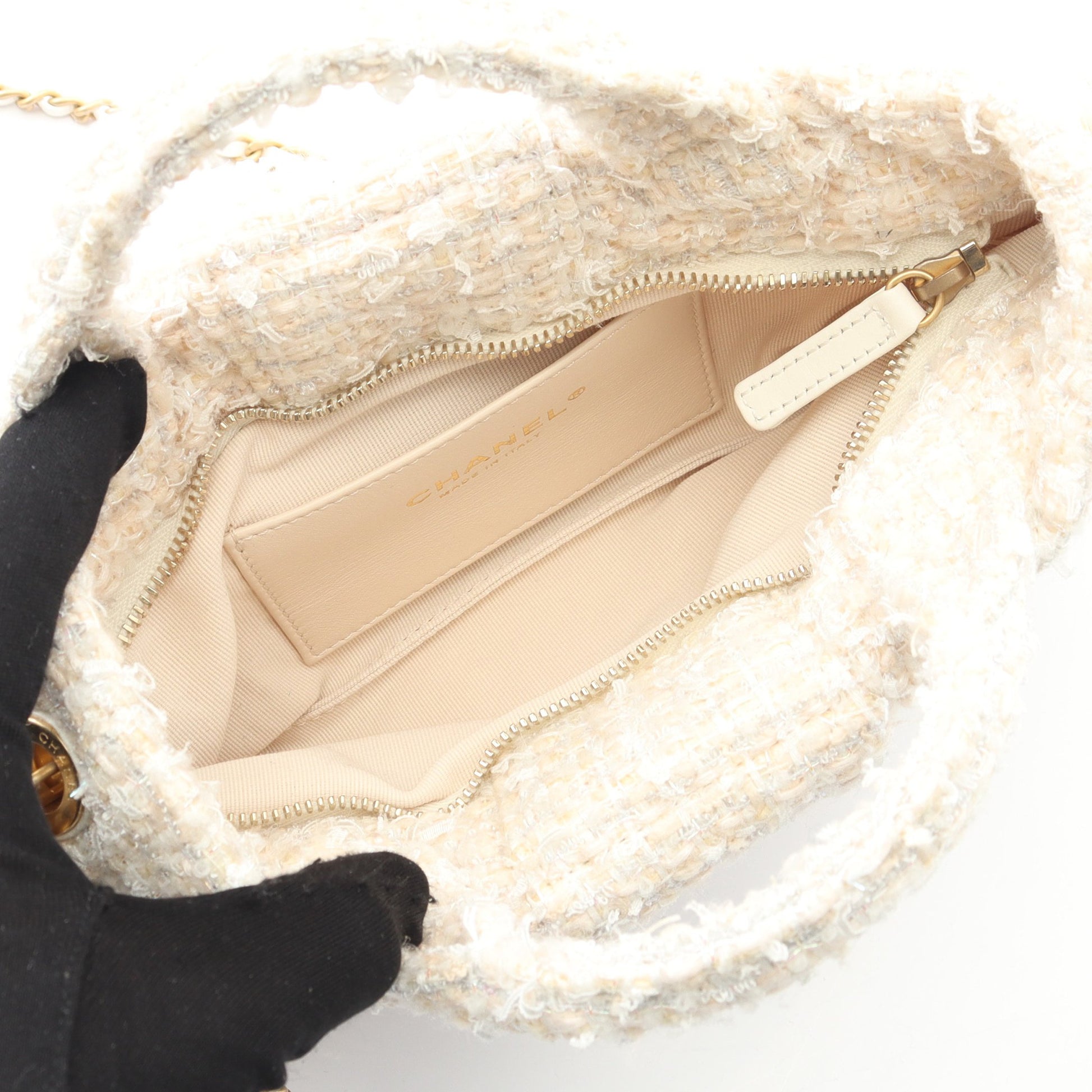ミニ ボウ チェーンショルダーバッグ ツイード オフホワイト ゴールド金具 2WAY シャネル バッグ CHANEL