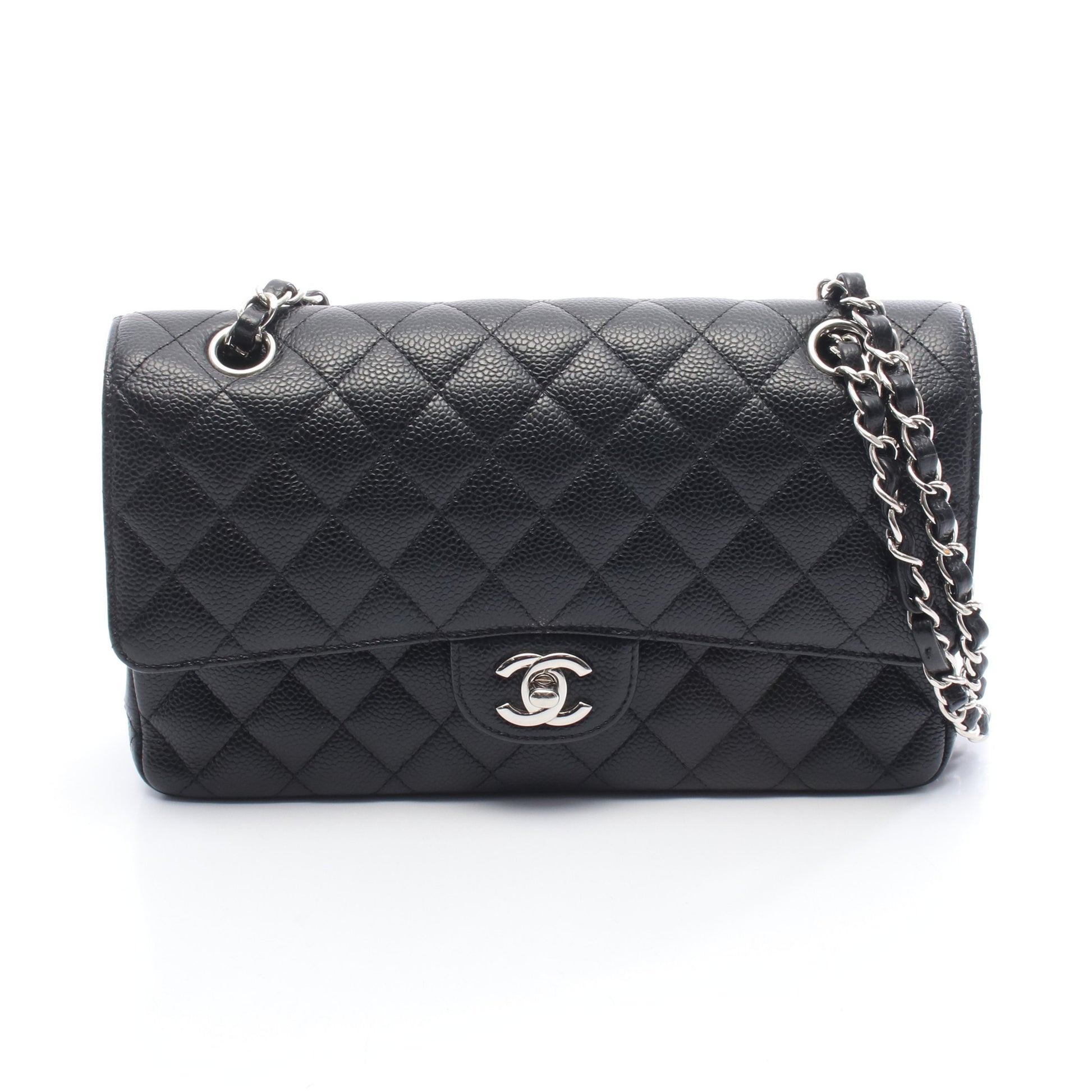 マトラッセ Wフラップ Wチェーンショルダーバッグ キャビアスキン ブラック シルバー金具 シャネル バッグ CHANEL