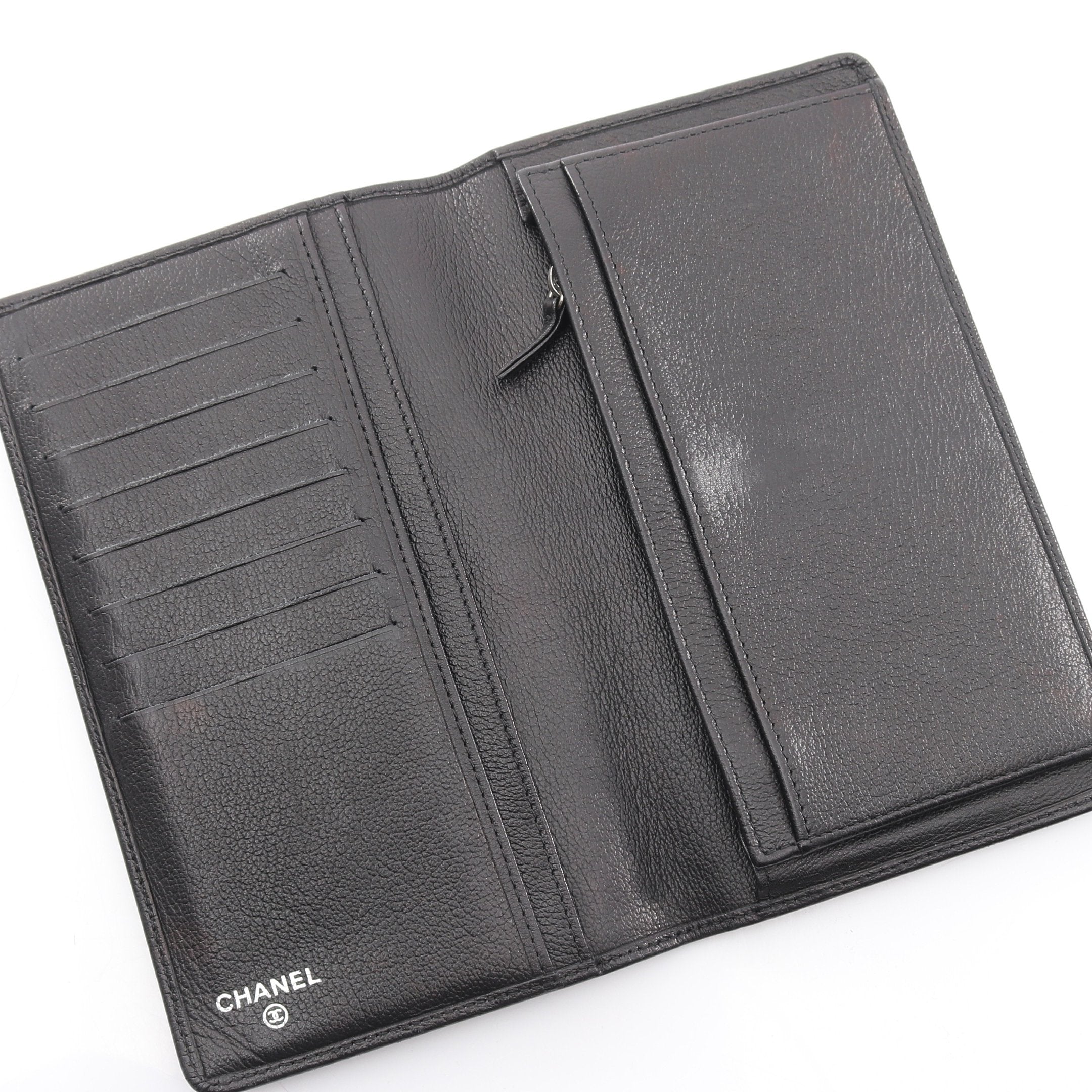 カメリア 二つ折り長財布 レザー ブラック シルバー金具 シャネル – RECLO