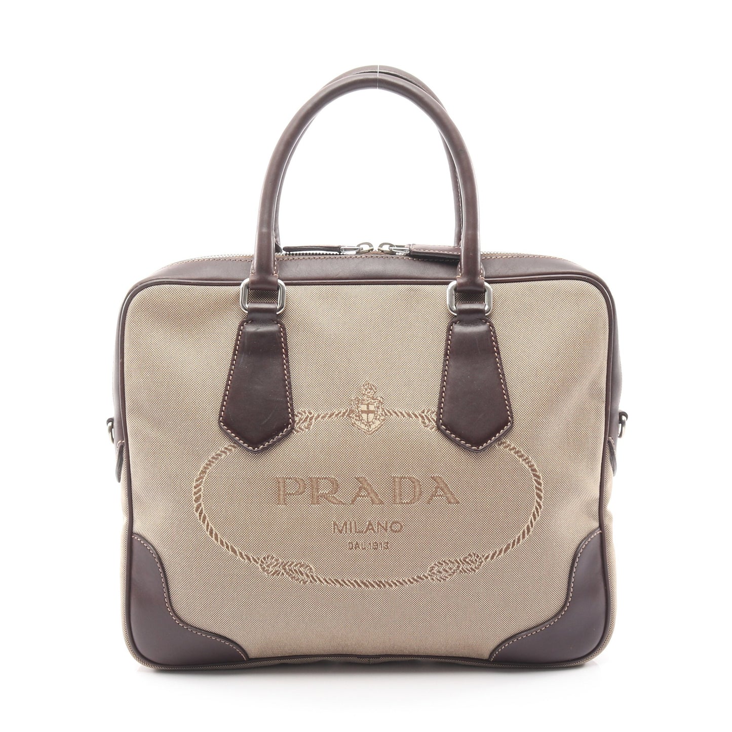 ハンドバッグ キャンバス レザー ベージュ ダークブラウン プラダ バッグ PRADA