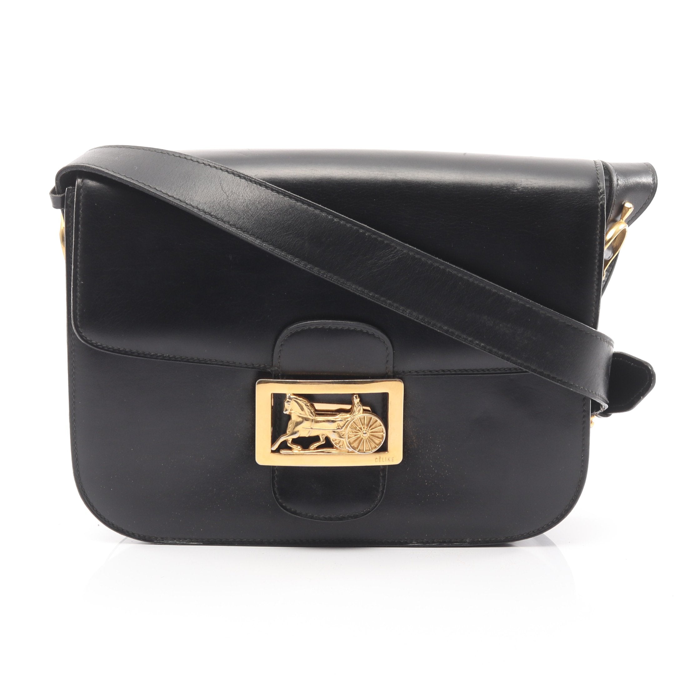 【美品】セリーヌ ハンドバッグ レザー 肩掛け 馬車金具 ブラック ショルダーバッグ レザー ブラック 馬車金具 セリーヌ – RECLO