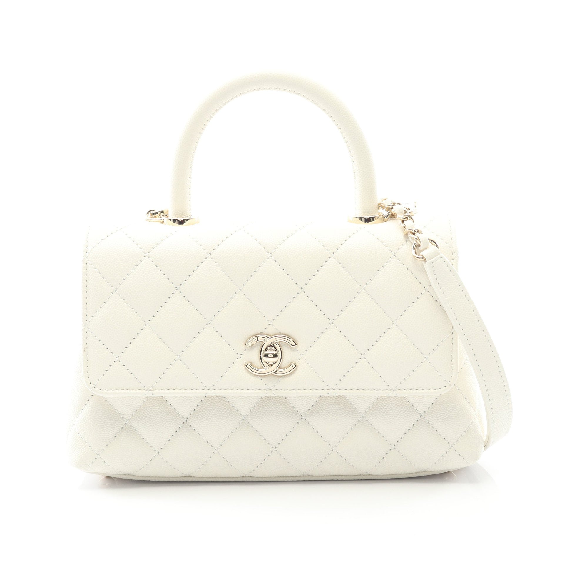 ココハンドル フラップ マトラッセ ハンドバッグ キャビアスキン ホワイト ゴールド金具 2WAY シャネル バッグ CHANEL
