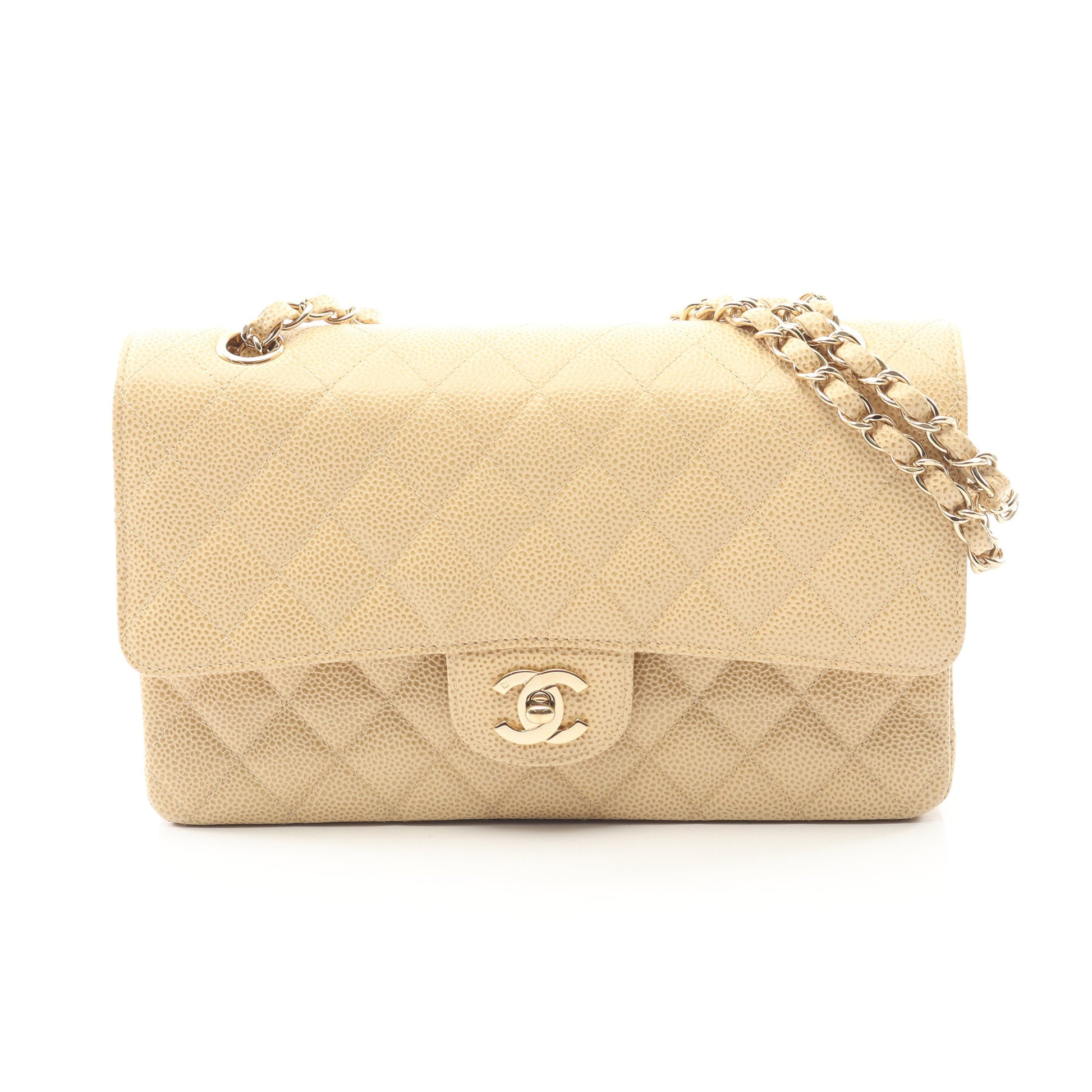 マトラッセ Wフラップ Wチェーンショルダーバッグ キャビアスキン ベージュ ゴールド金具 シャネル バッグ CHANEL