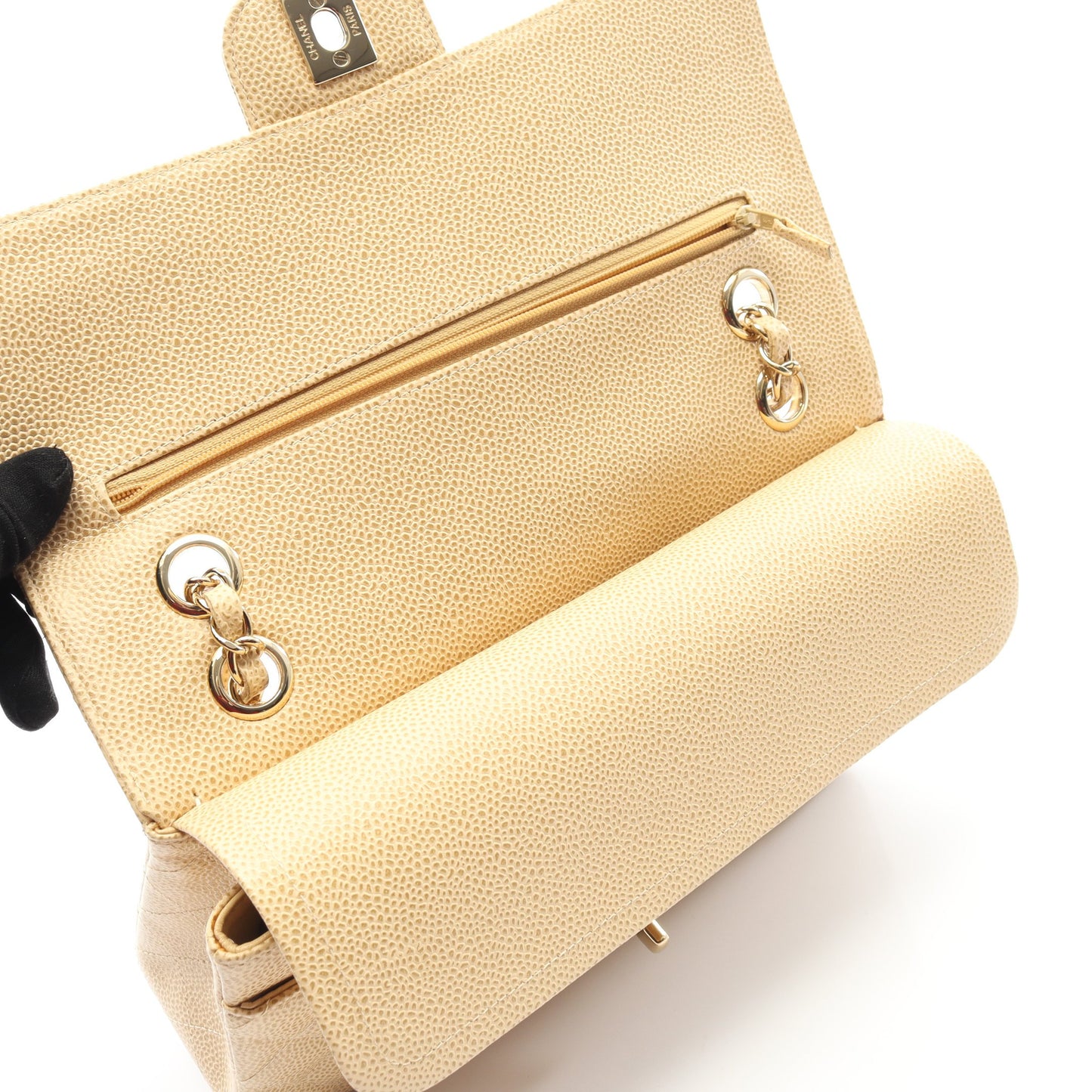 マトラッセ Wフラップ Wチェーンショルダーバッグ キャビアスキン ベージュ ゴールド金具 シャネル バッグ CHANEL