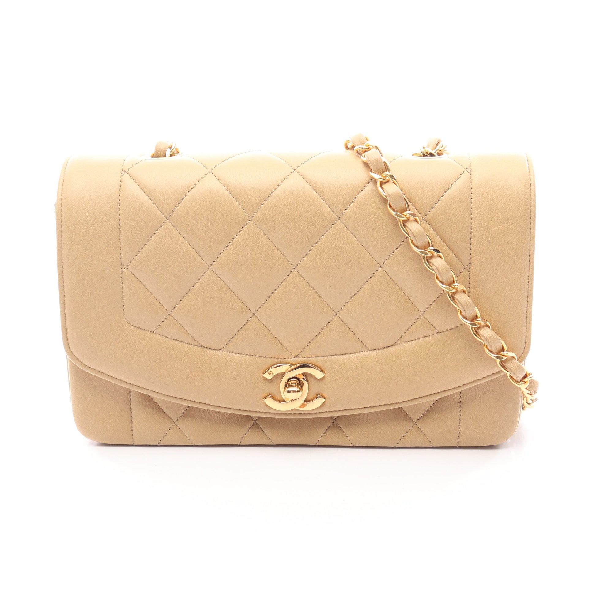 マトラッセ ダイアナフラップ チェーンショルダーバッグ ラムスキン ベージュ ゴールド金具 シャネル バッグ CHANEL