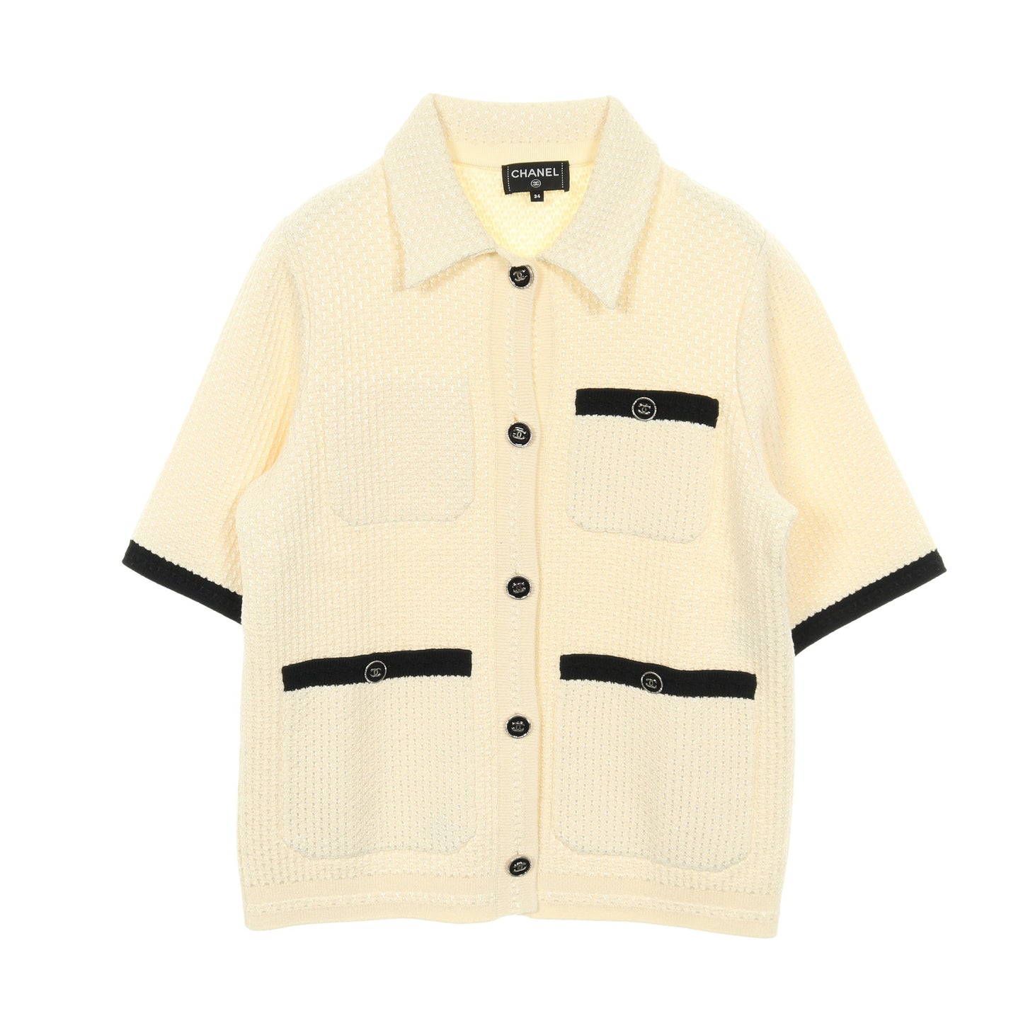 ココマークボタン ニット ジャケット 半袖 コットン ビスコース アイボリー ブラック シャネル アウター CHANEL
