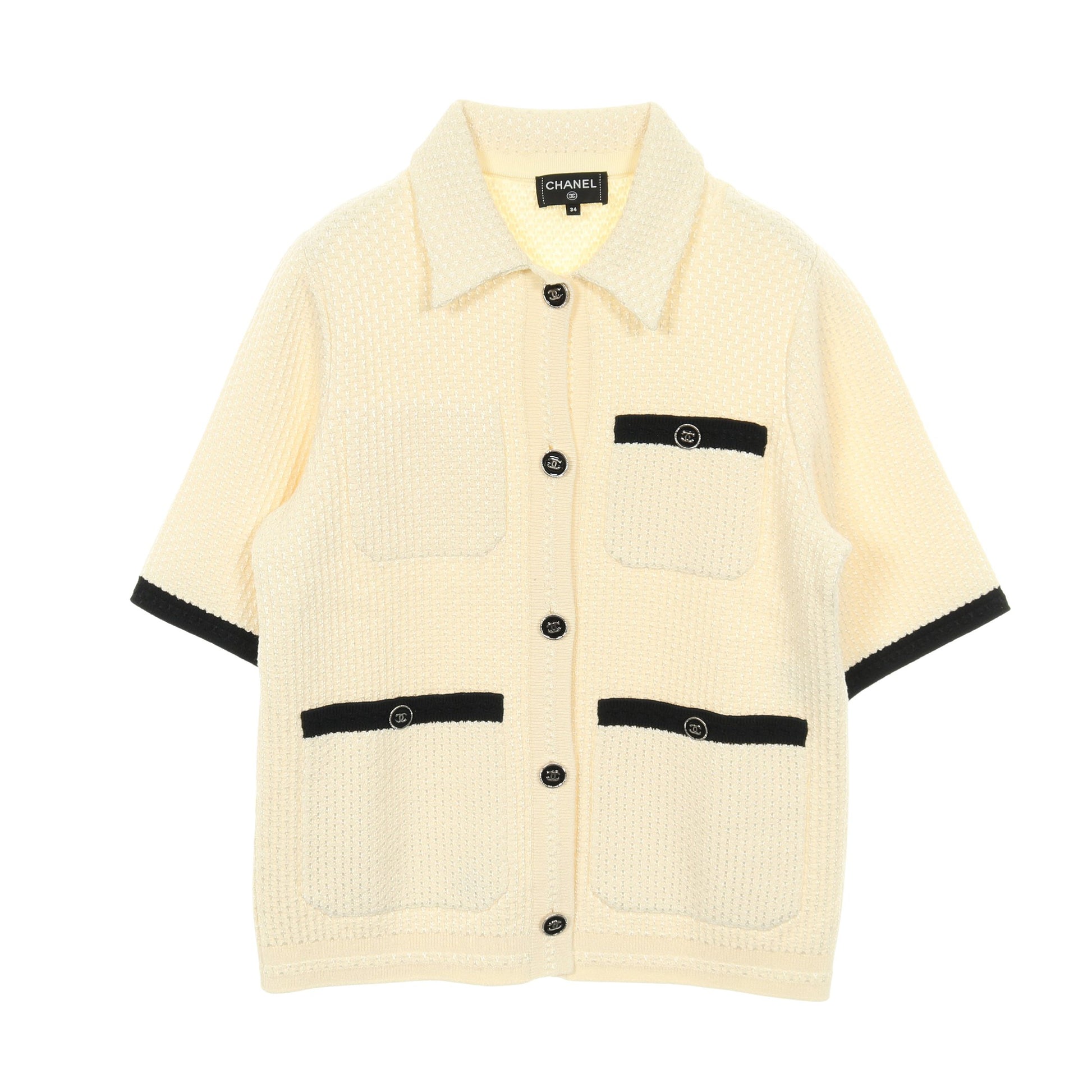 ココマークボタン ニット ジャケット 半袖 コットン ビスコース アイボリー ブラック シャネル アウター CHANEL