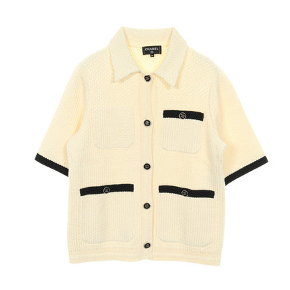 ココマークボタン ニット ジャケット 半袖 コットン ビスコース アイボリー ブラック シャネル アウター CHANEL