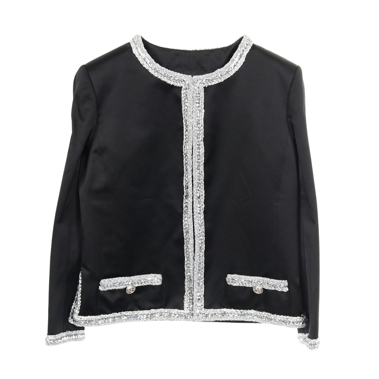 ココマークボタン ノーカラージャケット シルク ブラック シルバー 20S シャネル アウター CHANEL