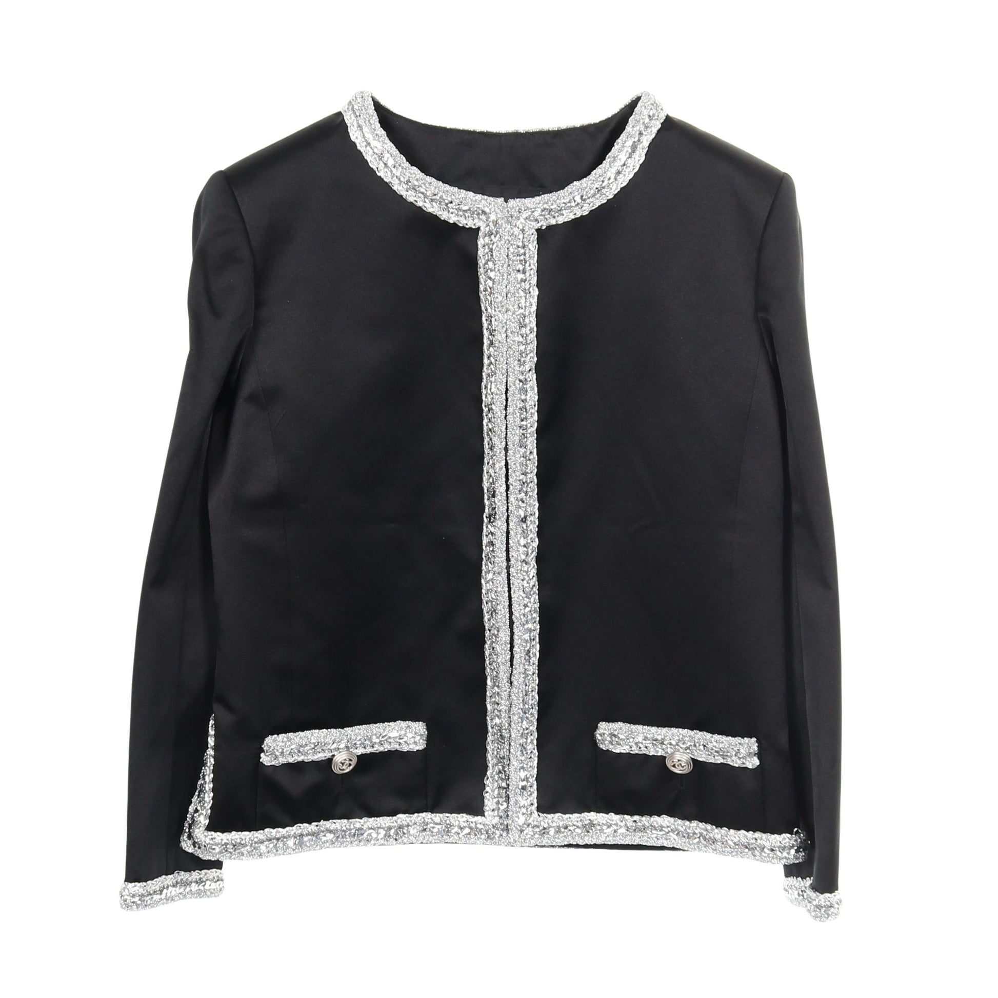 ココマークボタン ノーカラージャケット シルク ブラック シルバー 20S シャネル アウター CHANEL