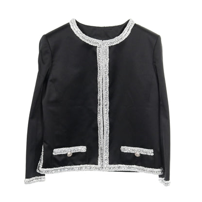 ココマークボタン ノーカラージャケット シルク ブラック シルバー 20S シャネル アウター CHANEL