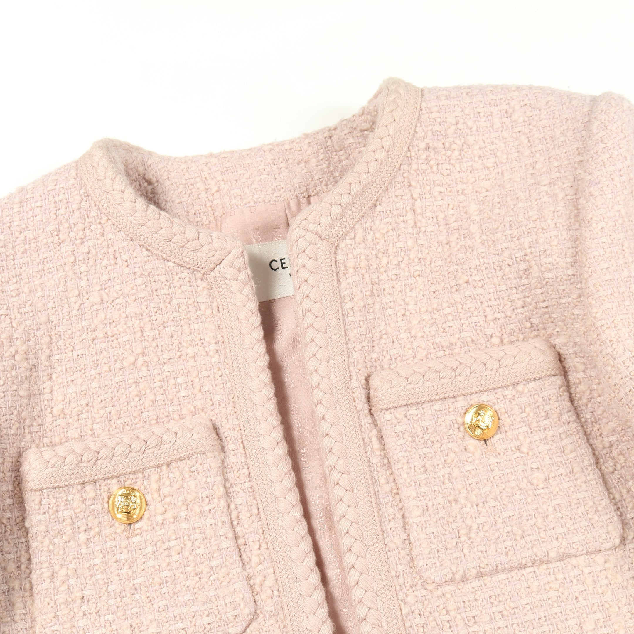 ツイード ノーカラージャケット ウール ダスティピンク セリーヌ – RECLO