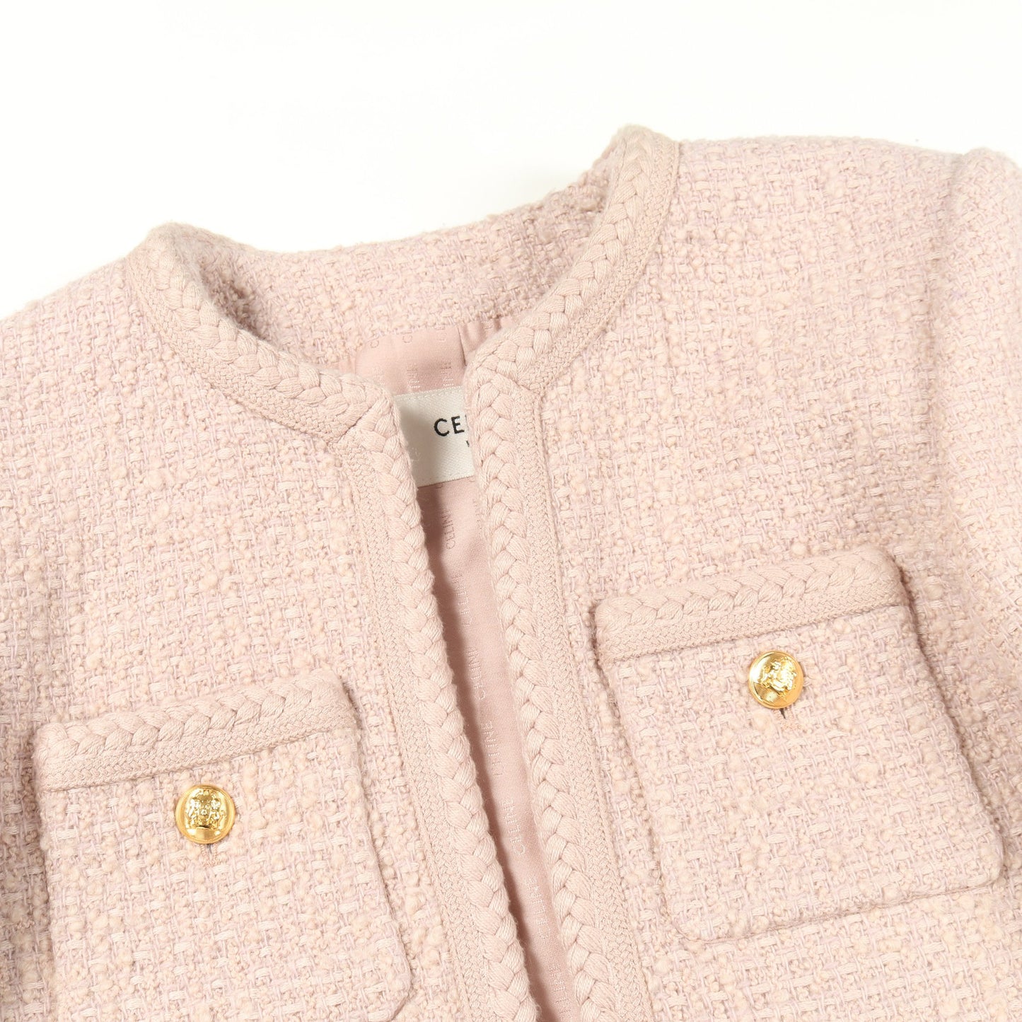 ツイード ノーカラージャケット ウール ダスティピンク セリーヌ アウター CELINE