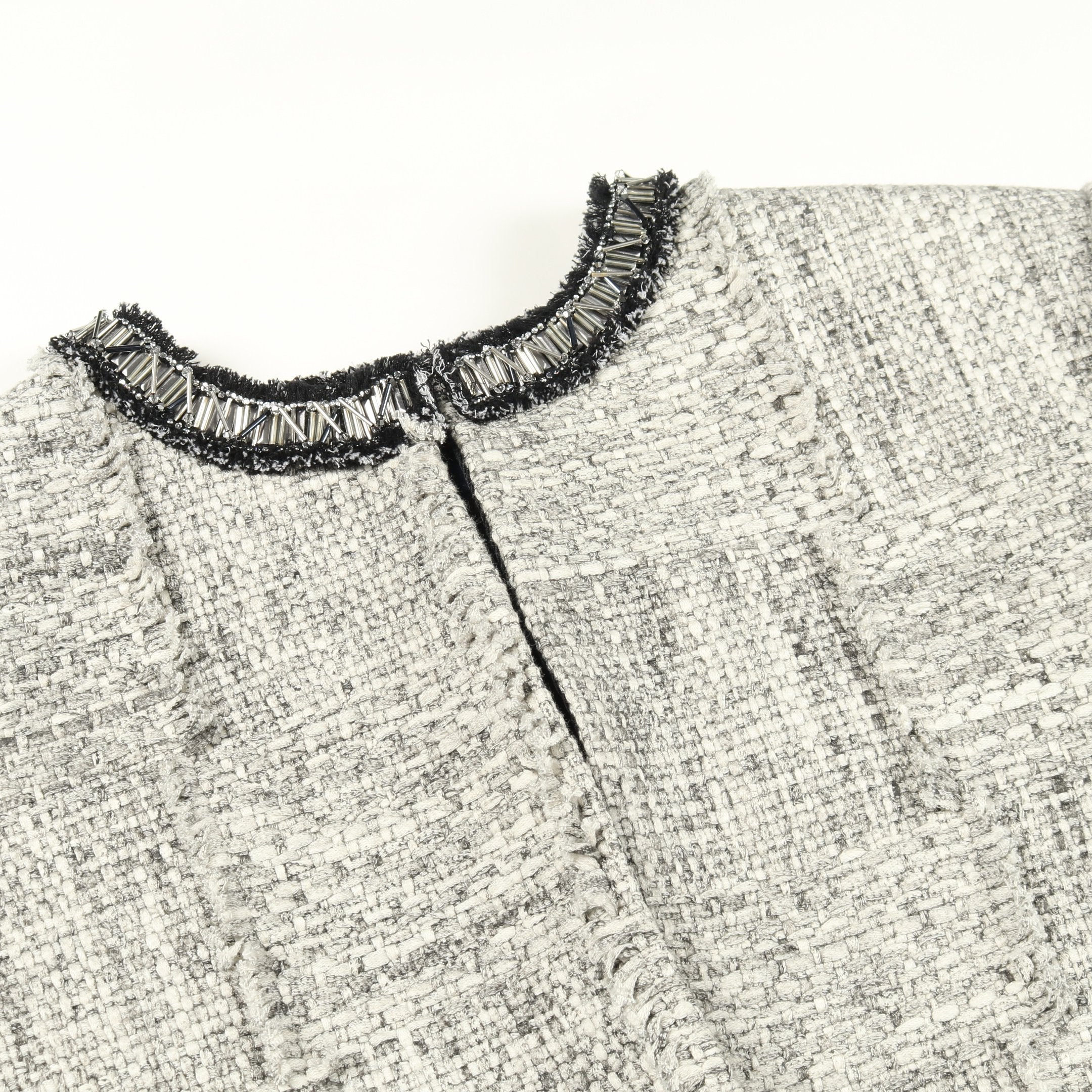 ツイード ノーカラージャケット ビジュー付き コットン ウール