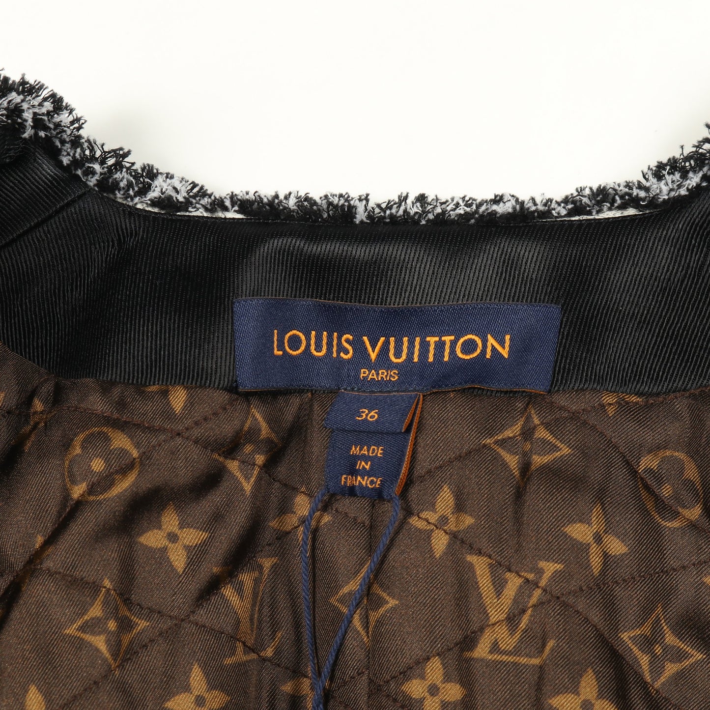ツイード ノーカラージャケット ビジュー付き コットン ウール レーヨン ライトグレー ブラック ルイヴィトン アウター LOUIS VUITTON