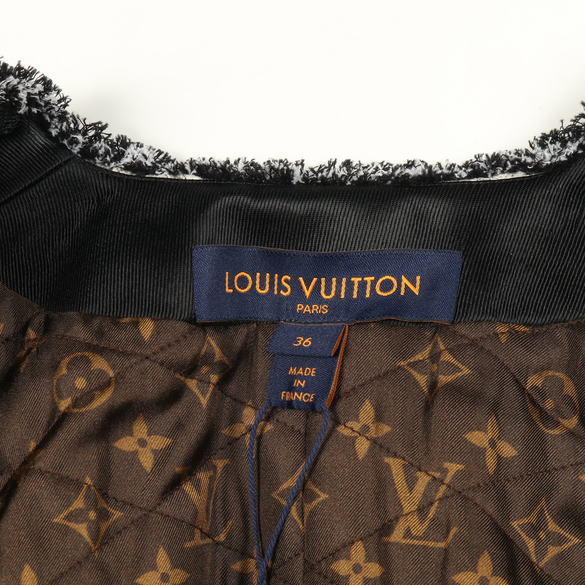 ツイード ノーカラージャケット ビジュー付き コットン ウール レーヨン ライトグレー ブラック ルイヴィトン アウター LOUIS VUITTON