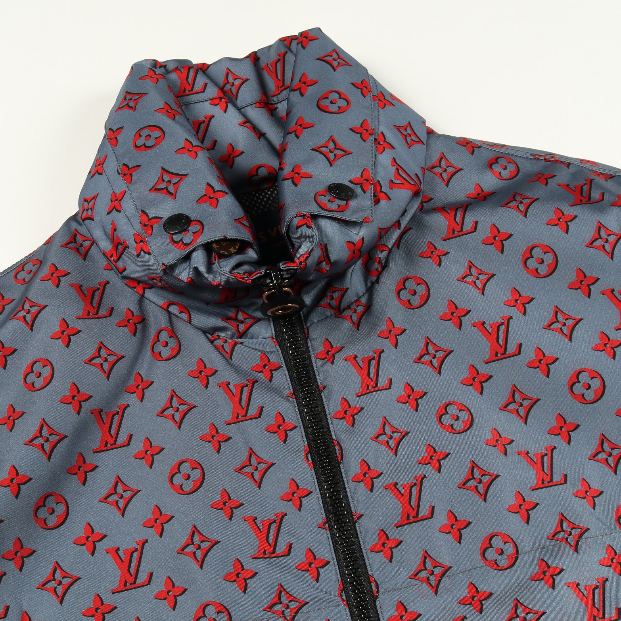 モノグラム ナイロンジャケット ナイロン ブルーグレー レッド フード