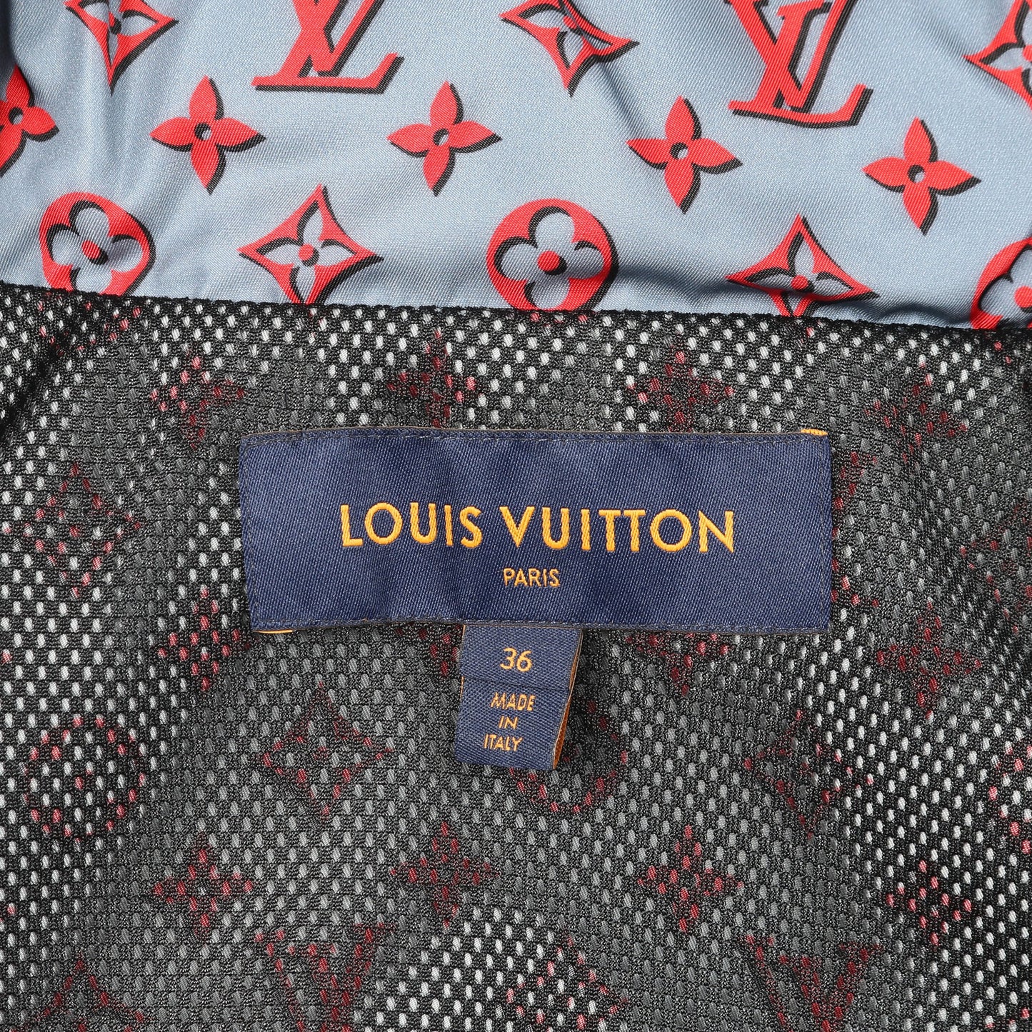 モノグラム ナイロンジャケット ナイロン ブルーグレー レッド フード付き ルイヴィトン アウター LOUIS VUITTON