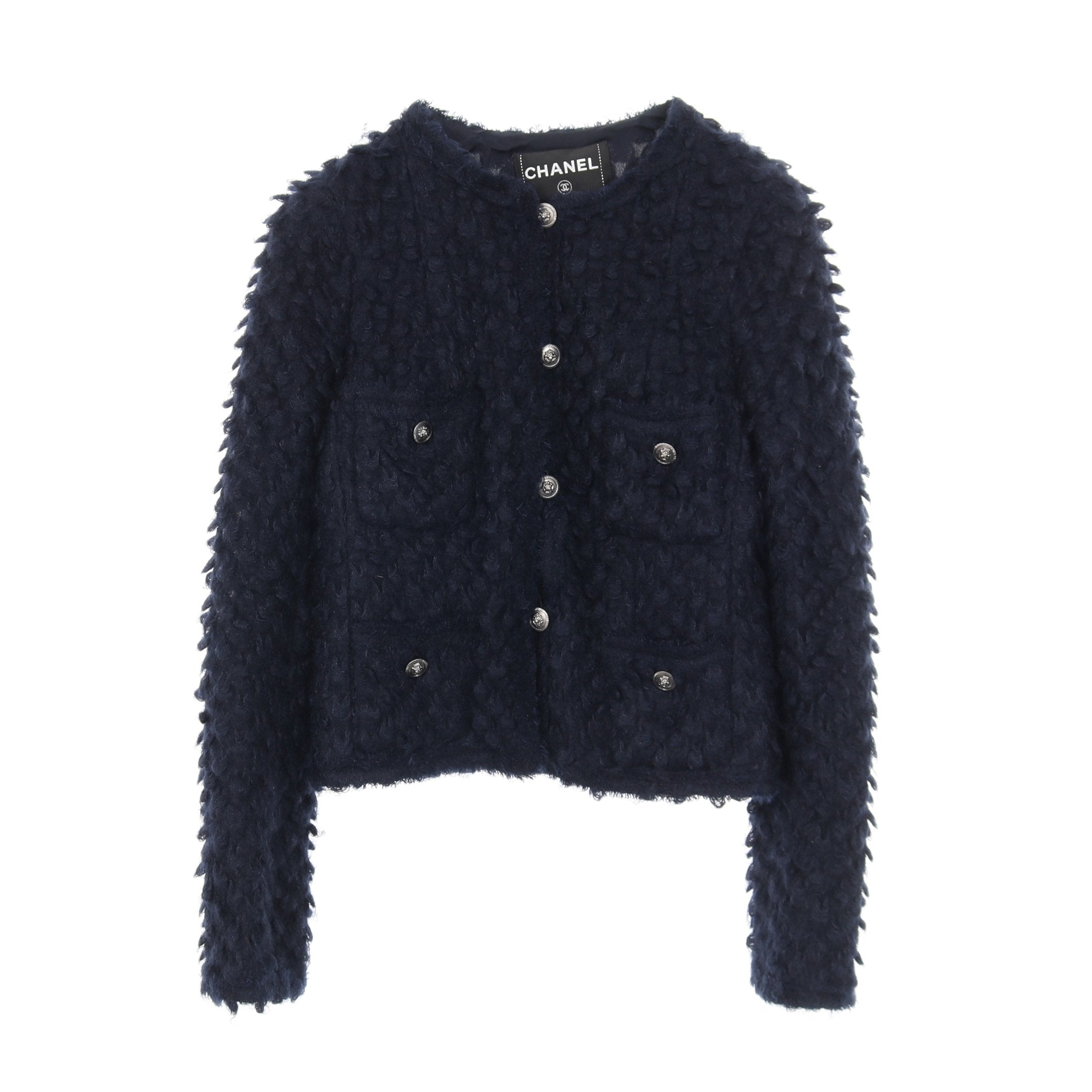 ココマークボタン ジャケット モヘヤ ナイロン ネイビー シャネル – RECLO