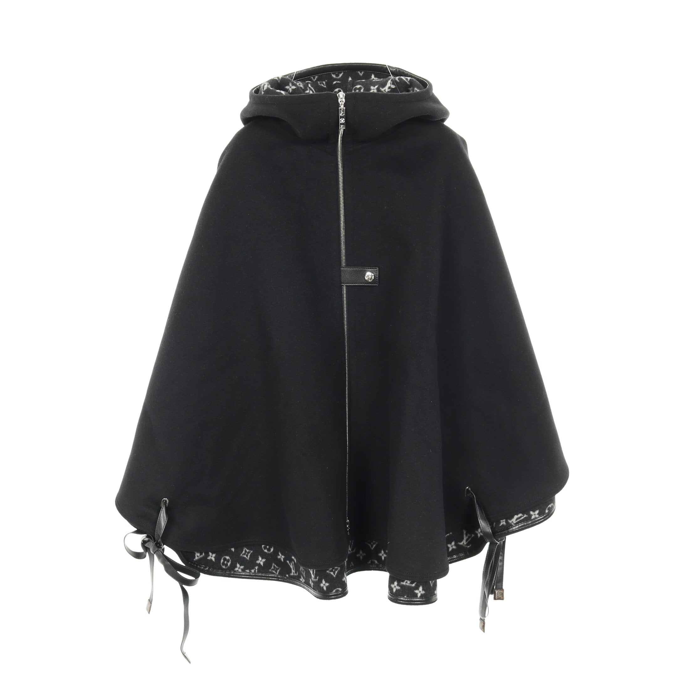 フーデッドケープ モノグラム ポンチョ ウール シルク ブラック フード