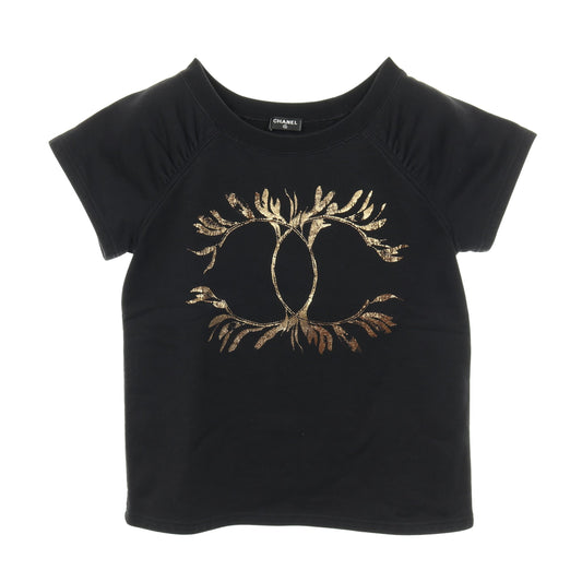 ココマーク Tシャツ クルーネック 半袖 ラグランスリーブ コットン ブラック ゴールド シャネル トップス CHANEL