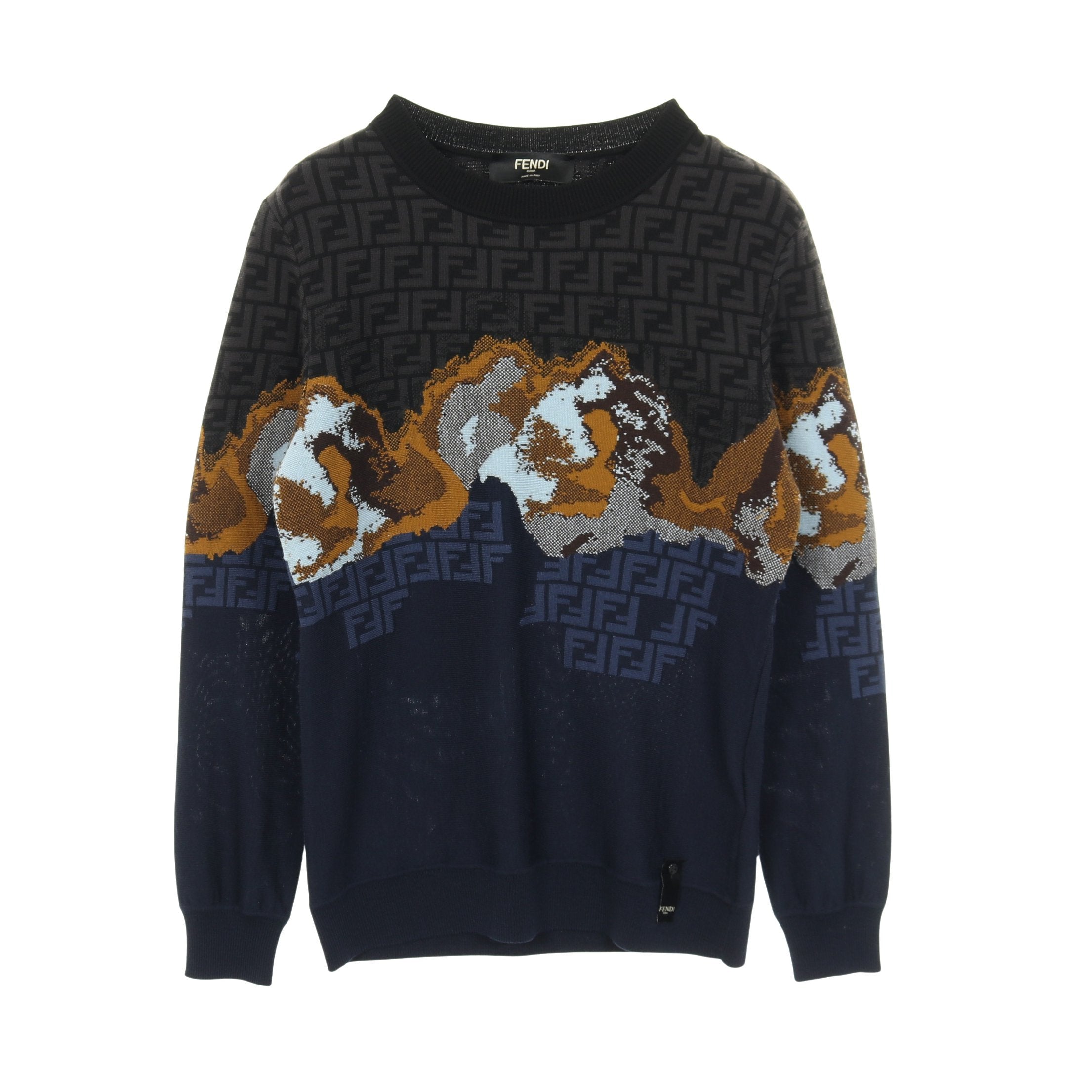 FFロゴ ニット クルーネック 総柄 ウール ブラック ネイビー
