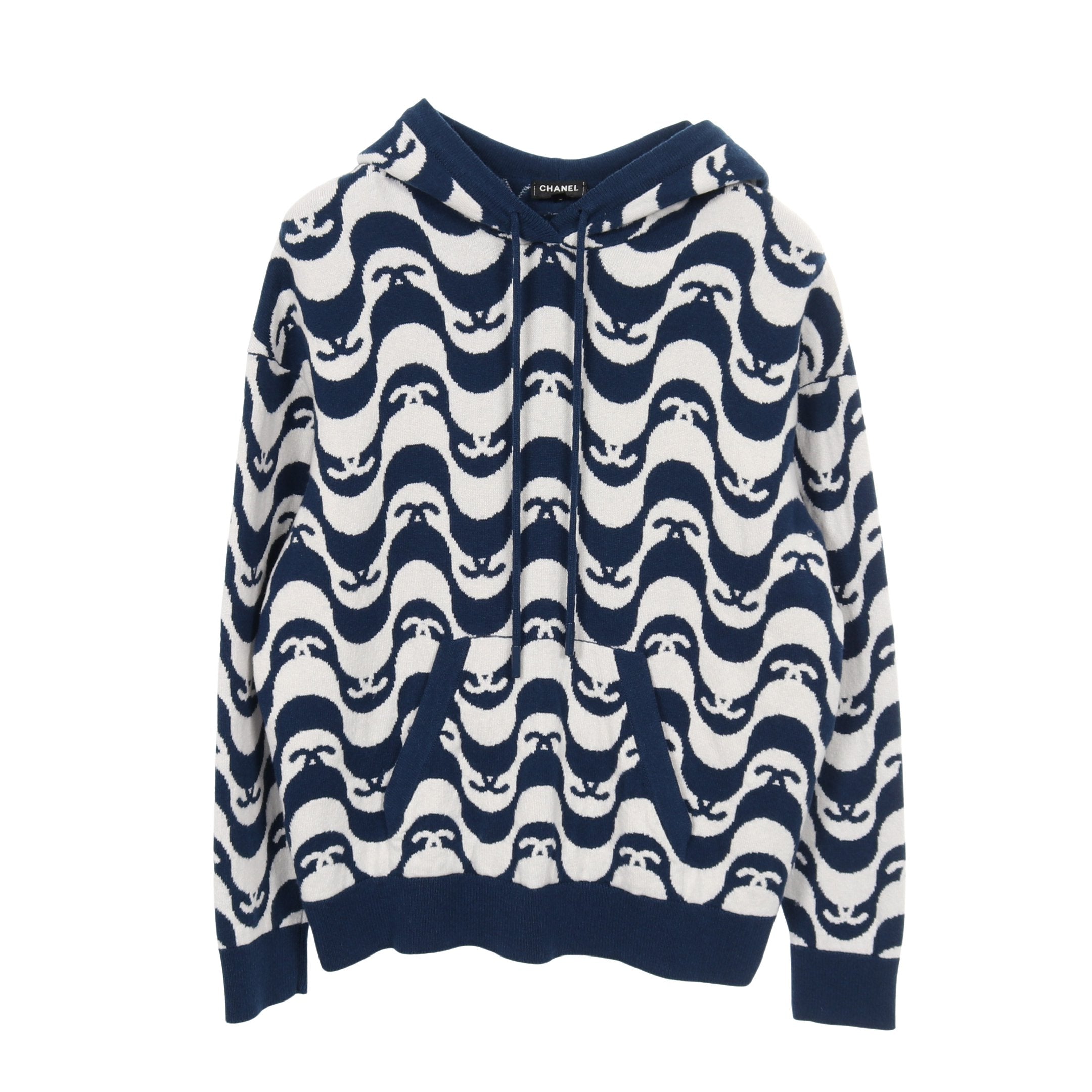 CHANEL(シャネル) パーカー サイズ34 S レディース美品  P70408 ネイビーブルー×白 長袖/21SS/プルオーバー カシミヤ CHANEL - CHANEL(シャネル) パーカー サイズ34 S レディース美品