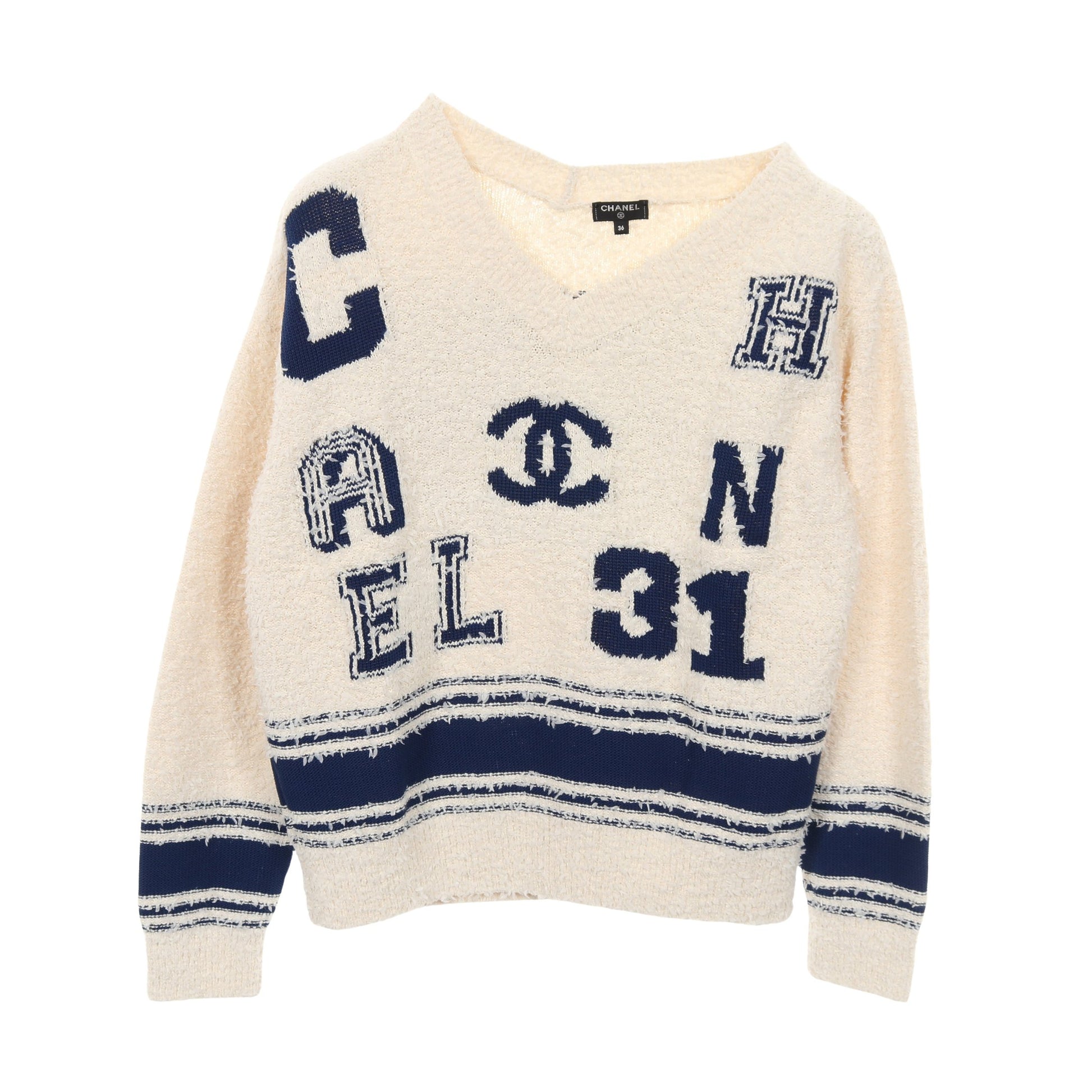 DEAUVILLE BIARRITZ VENISE ココマーク ニット Vネック コットン ナイロン シルク オフホワイト ブルー 2019年SS シャネル トップス CHANEL